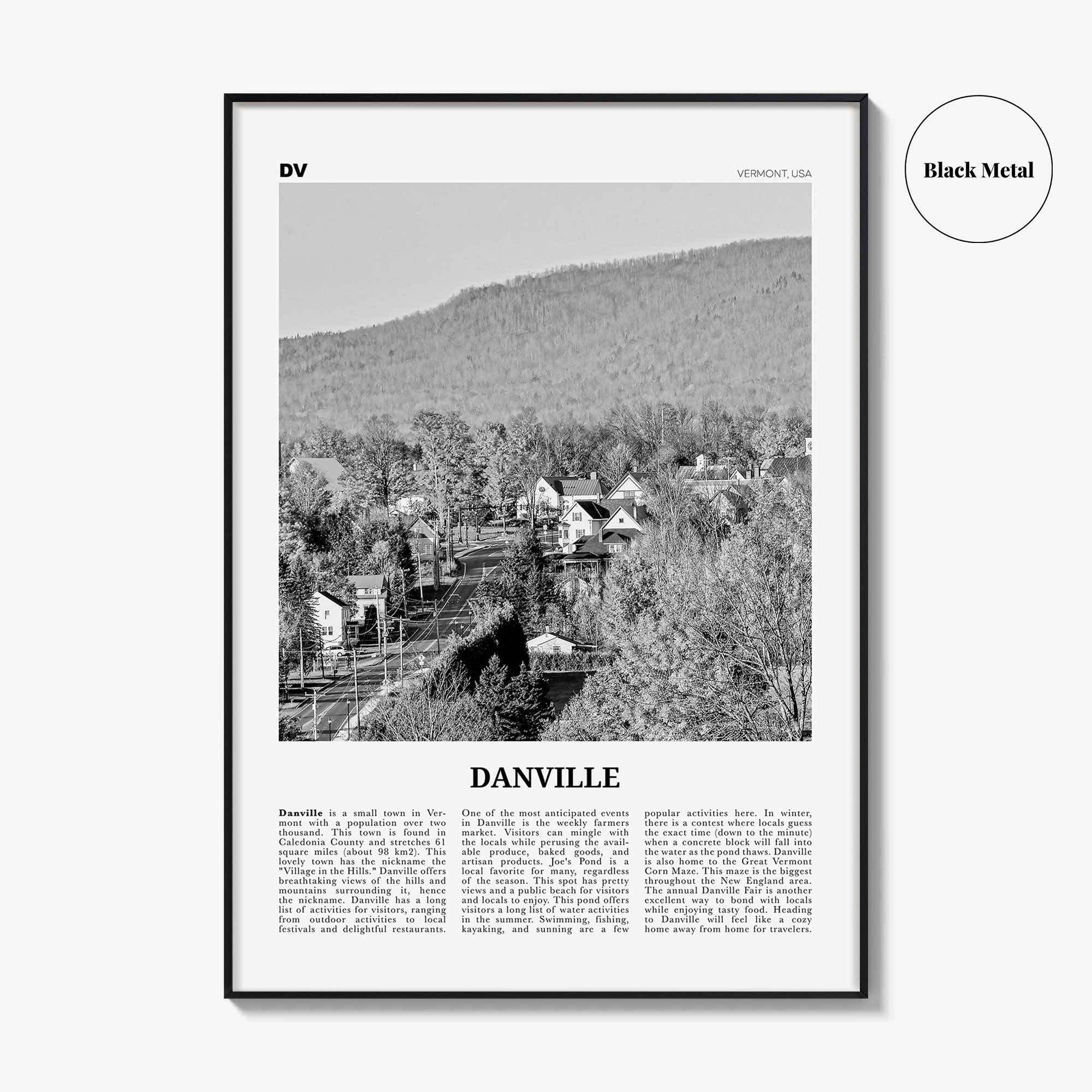 Danville Print Black and White Vermont, Danville Wall Art, Danville Poster, Danville Photo, Danville Wall Décor, Danville Map, Vermont, USA