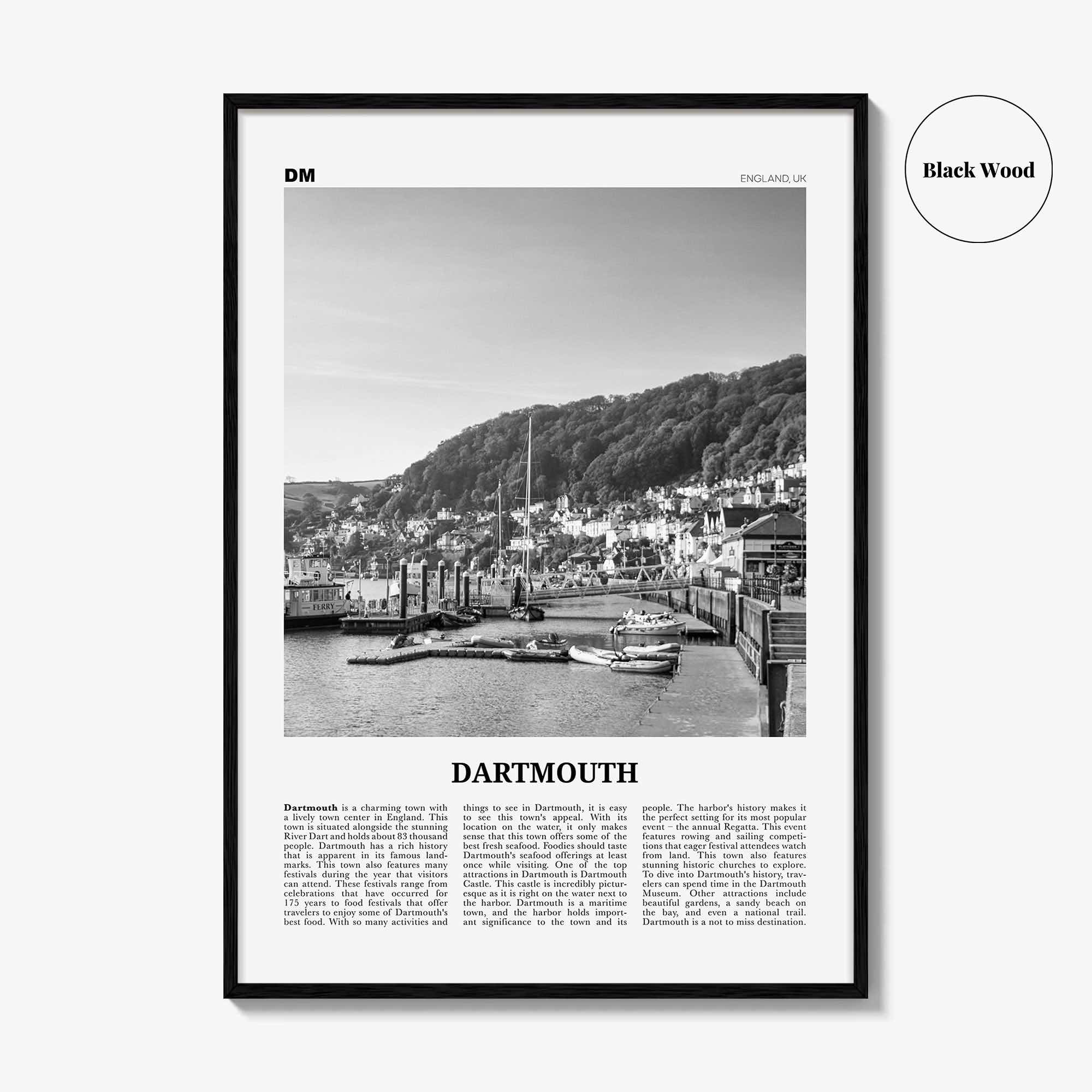 Dartmouth Print Black and White England, Dartmouth Wall Art, Dartmouth Poster, Dartmouth Photo, Dartmouth Décor, Dartmouth Map, UK