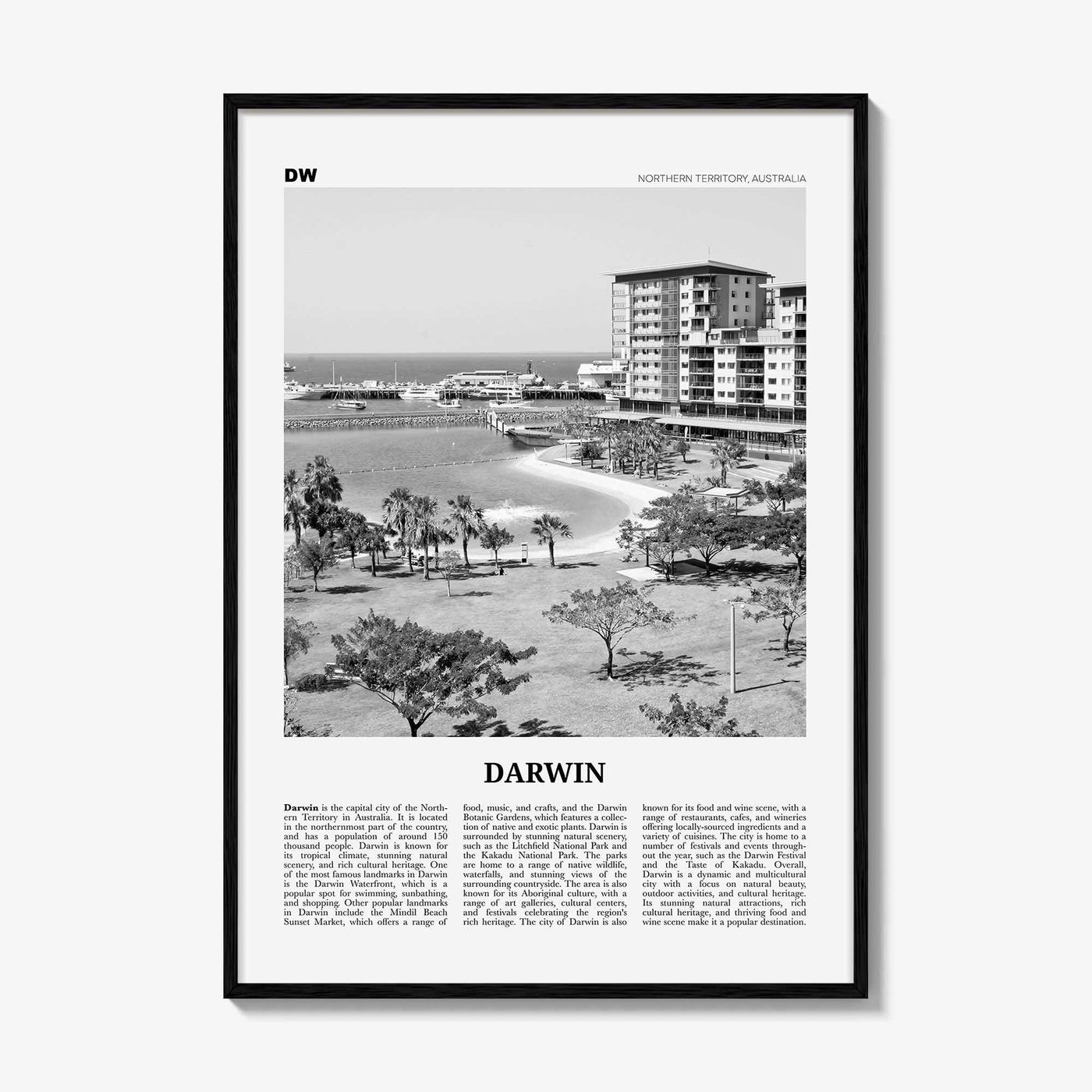 Darwin Print Black and White, Darwin Wall Art, Darwin Poster, Darwin Photo, Darwin Wall Décor, Darwin Map, Australia