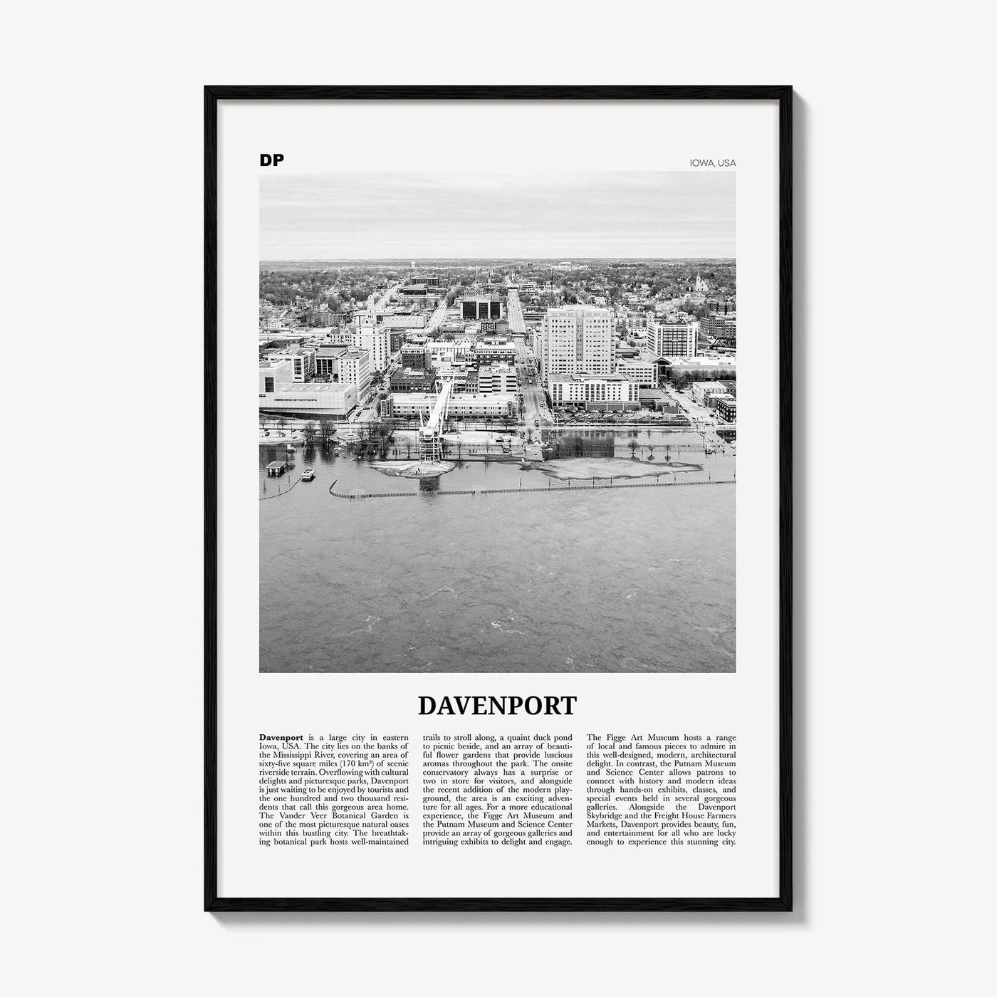 Davenport Print Black and White, Davenport Wall Art, Davenport Poster, Davenport Photo, Davenport Map, Davenport Wall Decor, Iowa, USA