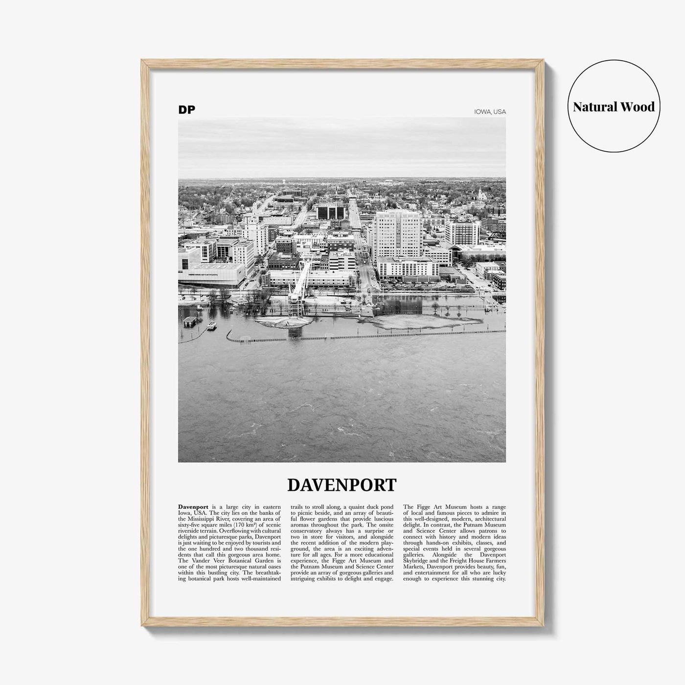 Davenport Print Black and White, Davenport Wall Art, Davenport Poster, Davenport Photo, Davenport Map, Davenport Wall Decor, Iowa, USA