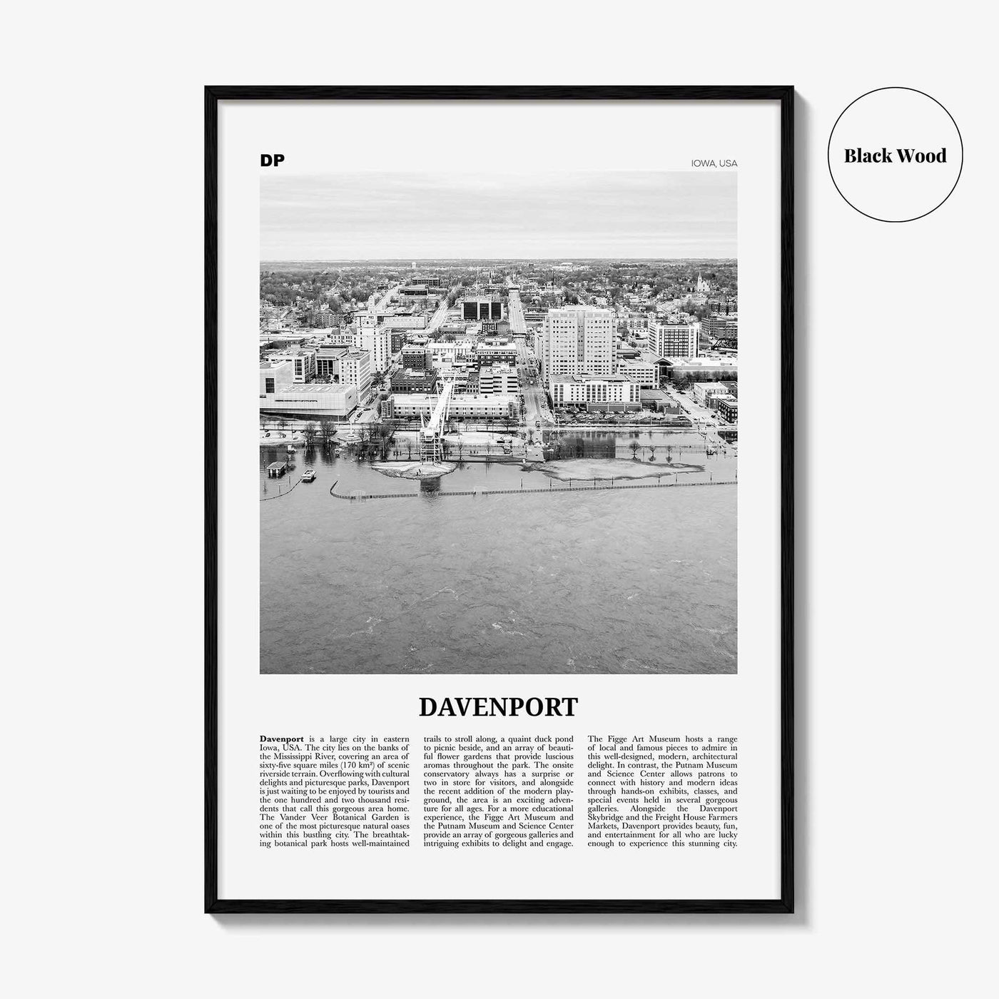 Davenport Print Black and White, Davenport Wall Art, Davenport Poster, Davenport Photo, Davenport Map, Davenport Wall Decor, Iowa, USA