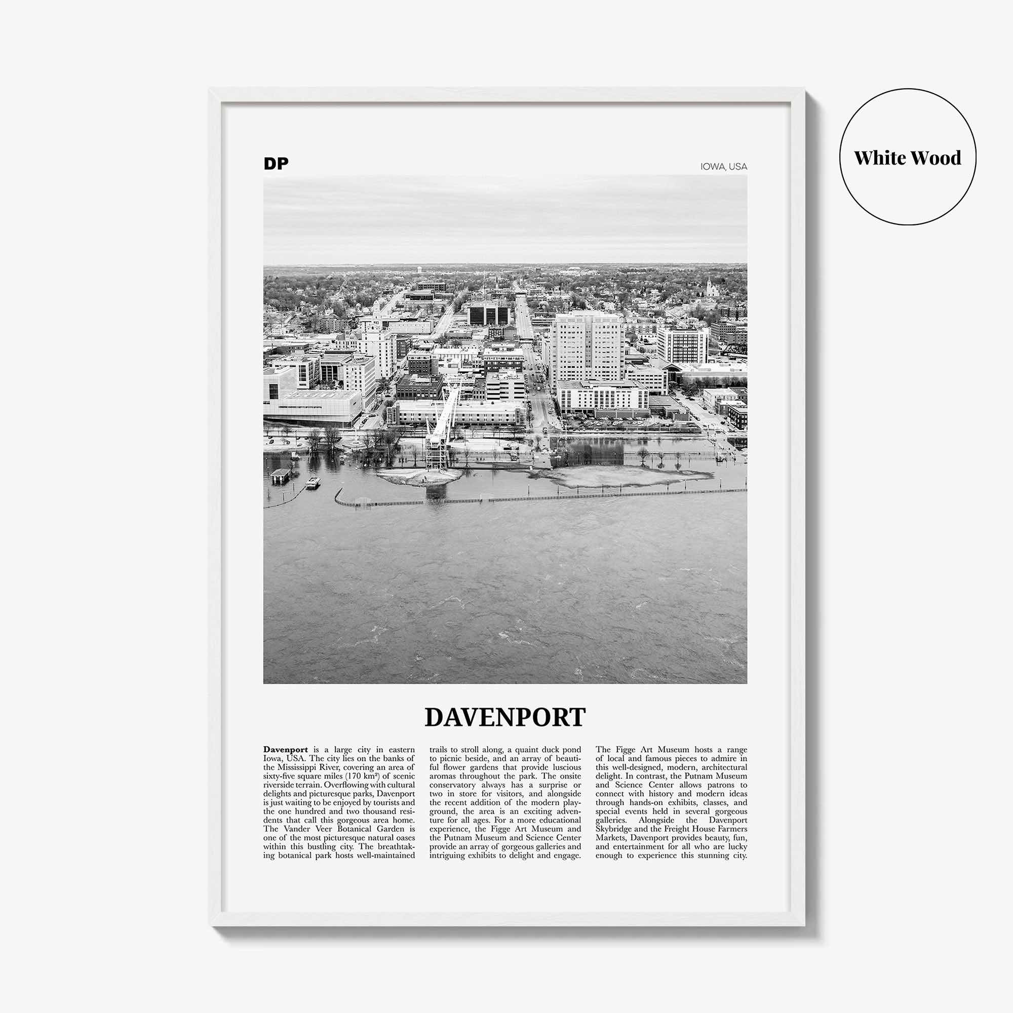 Davenport Print Black and White, Davenport Wall Art, Davenport Poster, Davenport Photo, Davenport Map, Davenport Wall Decor, Iowa, USA