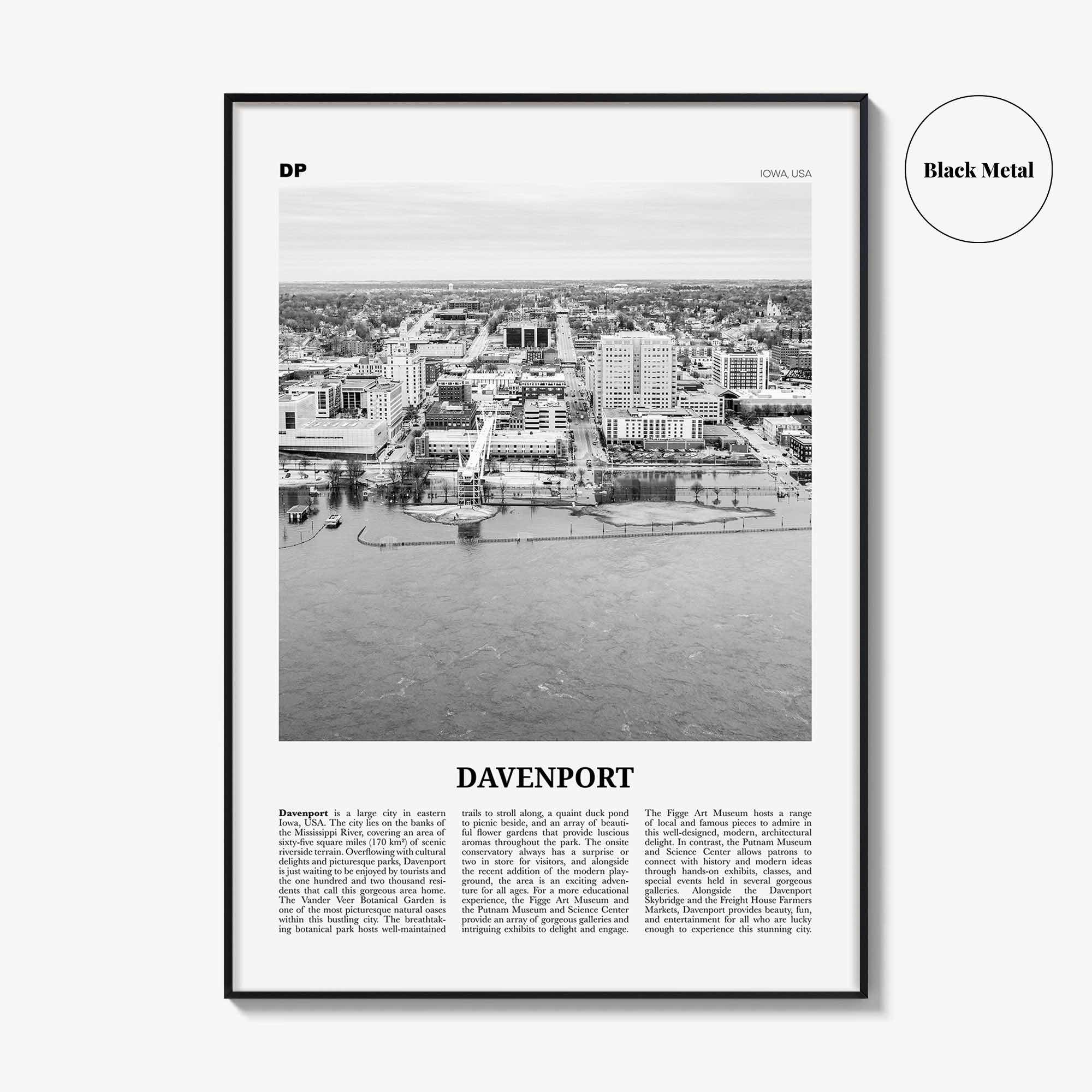 Davenport Print Black and White, Davenport Wall Art, Davenport Poster, Davenport Photo, Davenport Map, Davenport Wall Decor, Iowa, USA