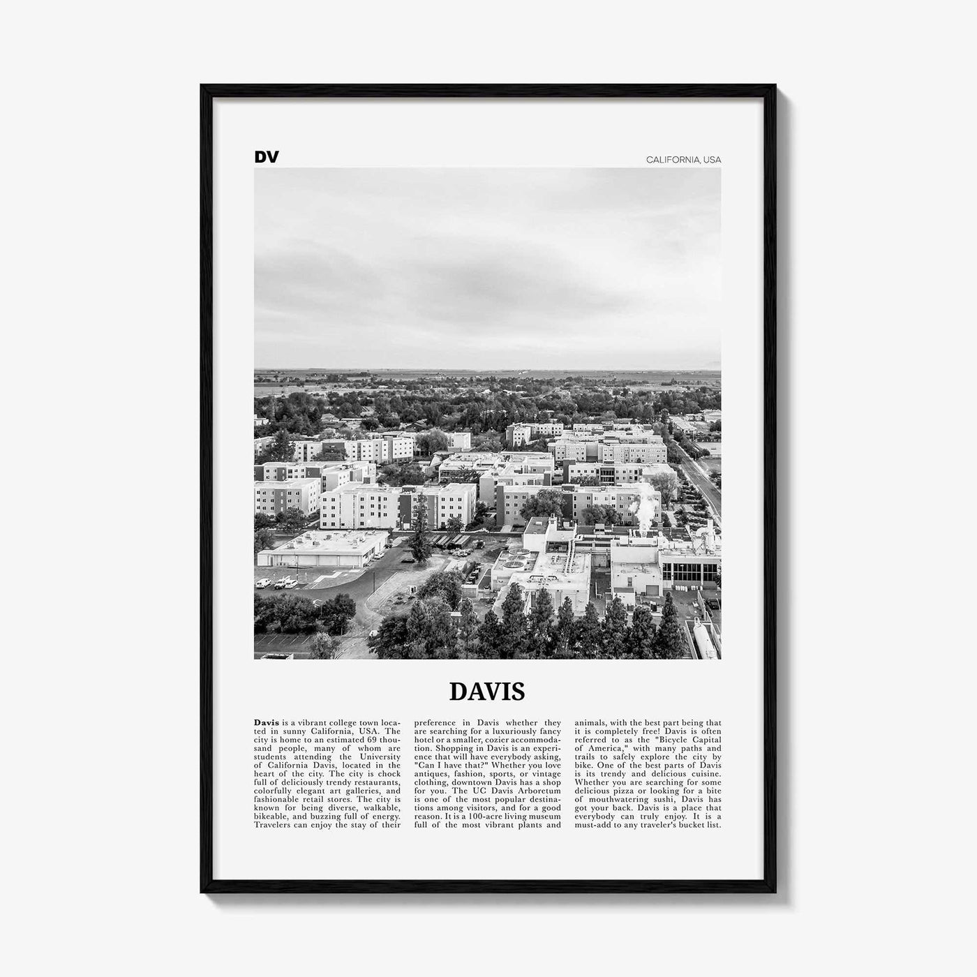Davis Print Black and White, Davis Wall Art, Davis Poster, Davis Photo, Davis Wall Décor, California, USA, United States