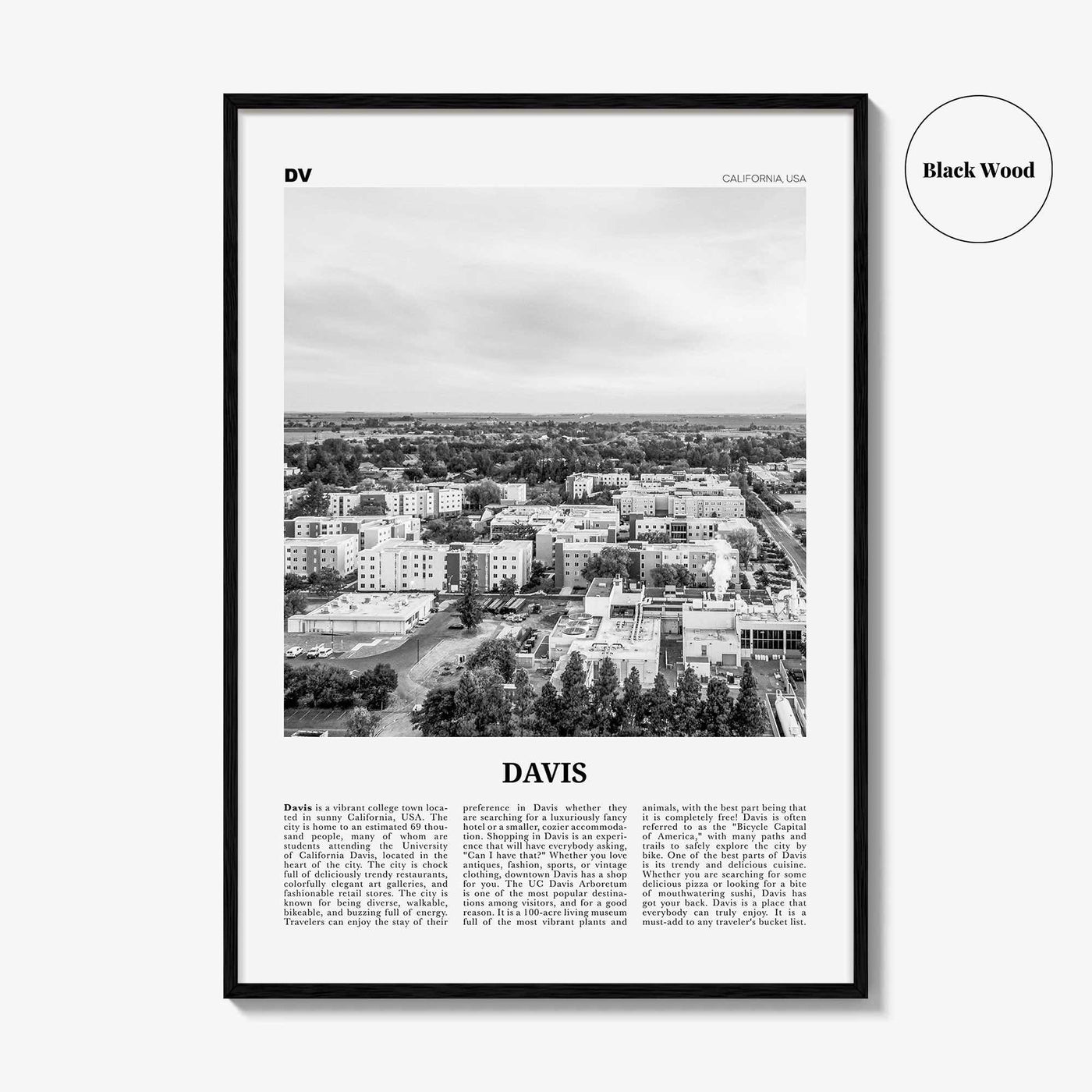 Davis Print Black and White, Davis Wall Art, Davis Poster, Davis Photo, Davis Wall Décor, California, USA, United States