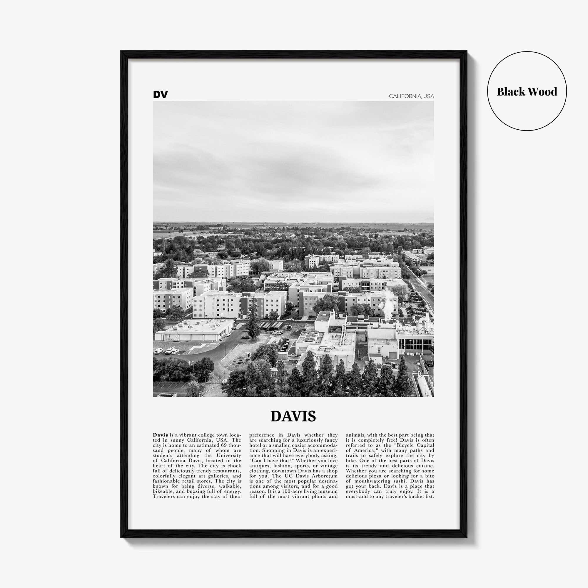 Davis Print Black and White, Davis Wall Art, Davis Poster, Davis Photo, Davis Wall Décor, California, USA, United States