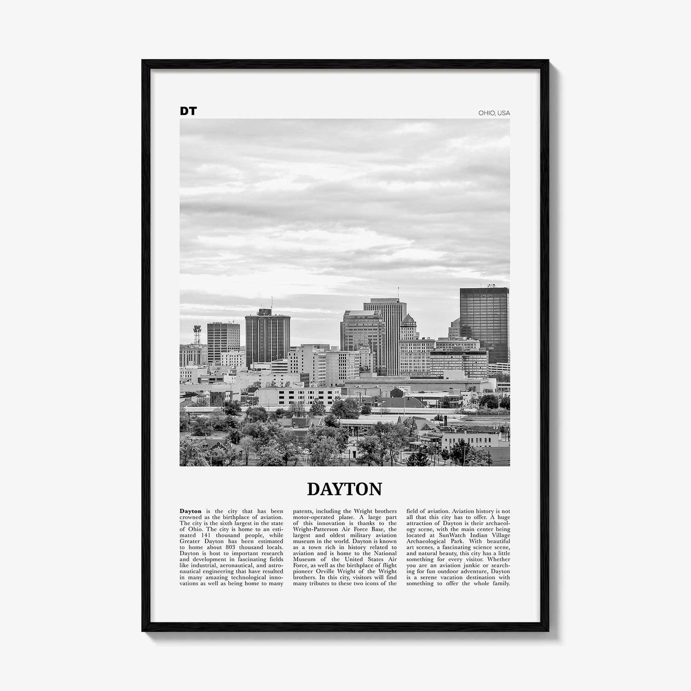 Dayton Print Black and White, Dayton Wall Art, Dayton Poster, Dayton Photo, Dayton Wall Décor, Ohio, USA, United States, North America