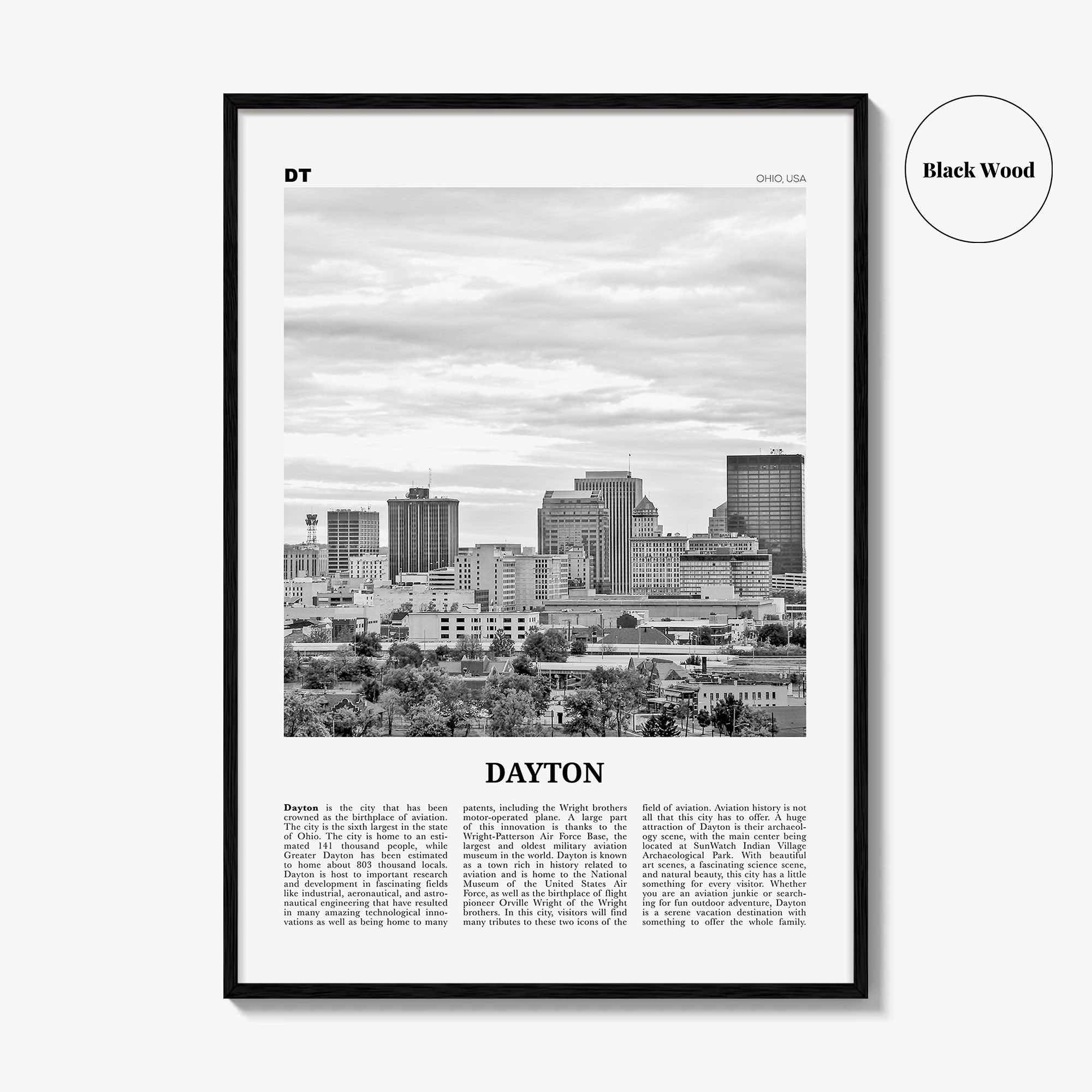 Dayton Print Black and White, Dayton Wall Art, Dayton Poster, Dayton Photo, Dayton Wall Décor, Ohio, USA, United States, North America