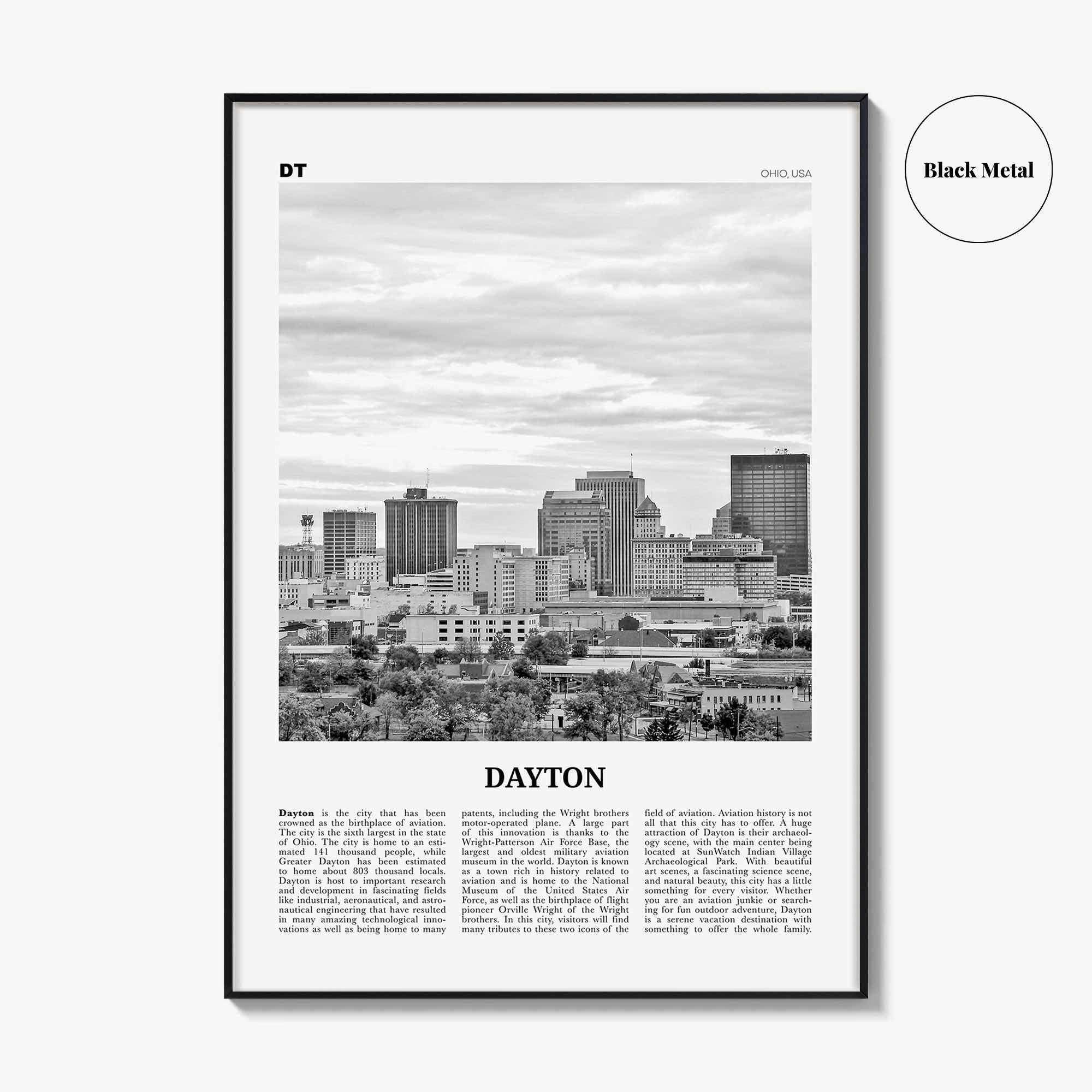 Dayton Print Black and White, Dayton Wall Art, Dayton Poster, Dayton Photo, Dayton Wall Décor, Ohio, USA, United States, North America