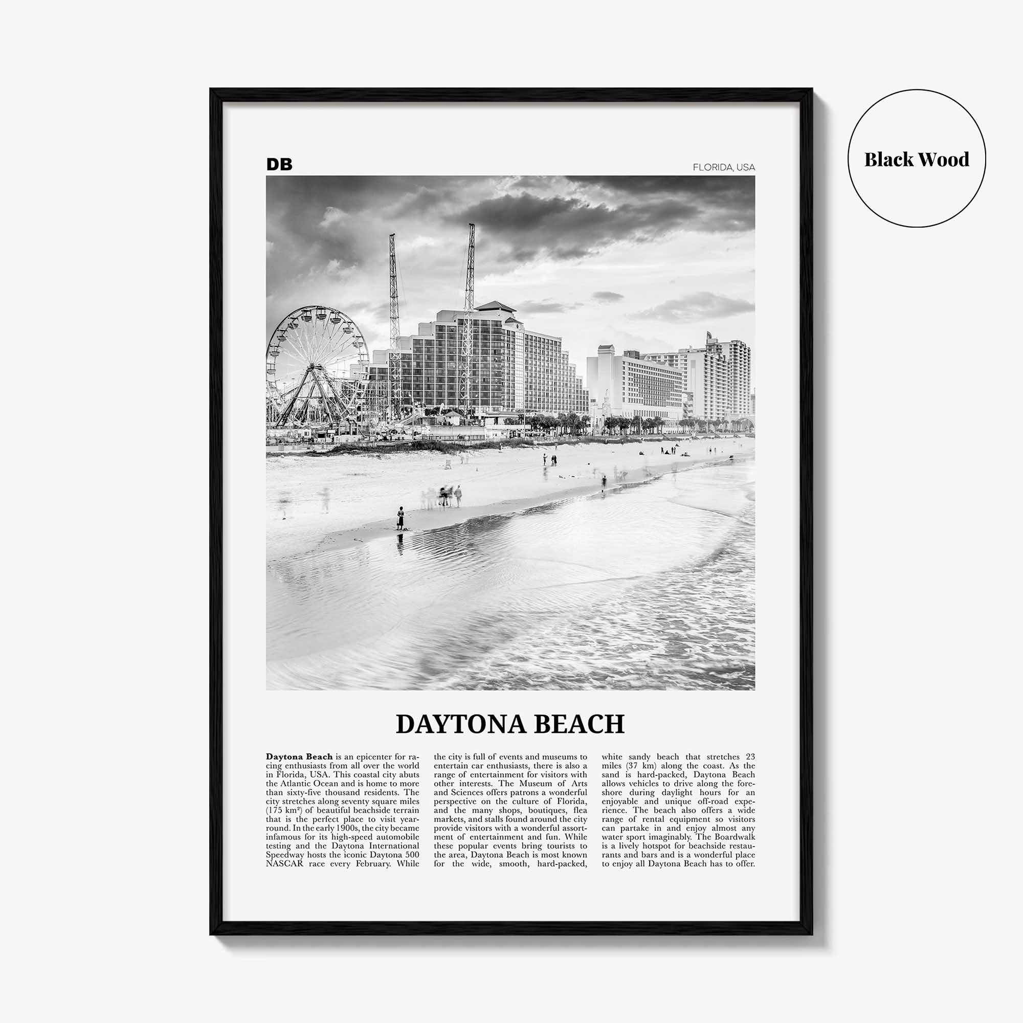 Daytona Beach Print Black and White, Daytona Beach Wall Art, Daytona Beach Poster, Daytona Beach Photo, Daytona Beach Map, Florida, USA