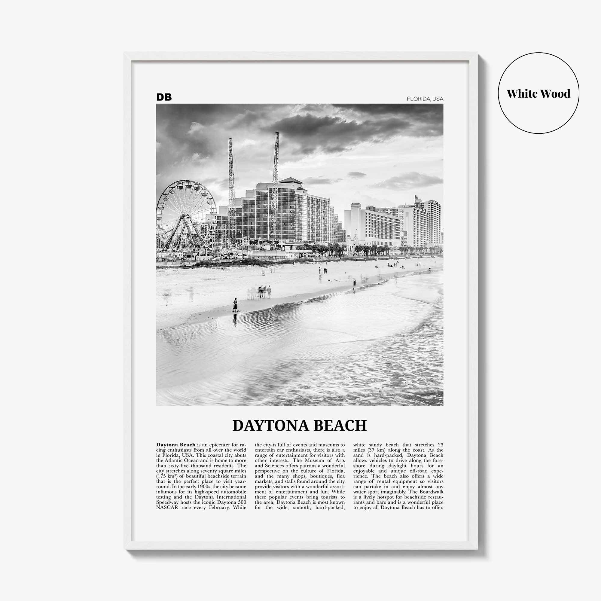 Daytona Beach Print Black and White, Daytona Beach Wall Art, Daytona Beach Poster, Daytona Beach Photo, Daytona Beach Map, Florida, USA