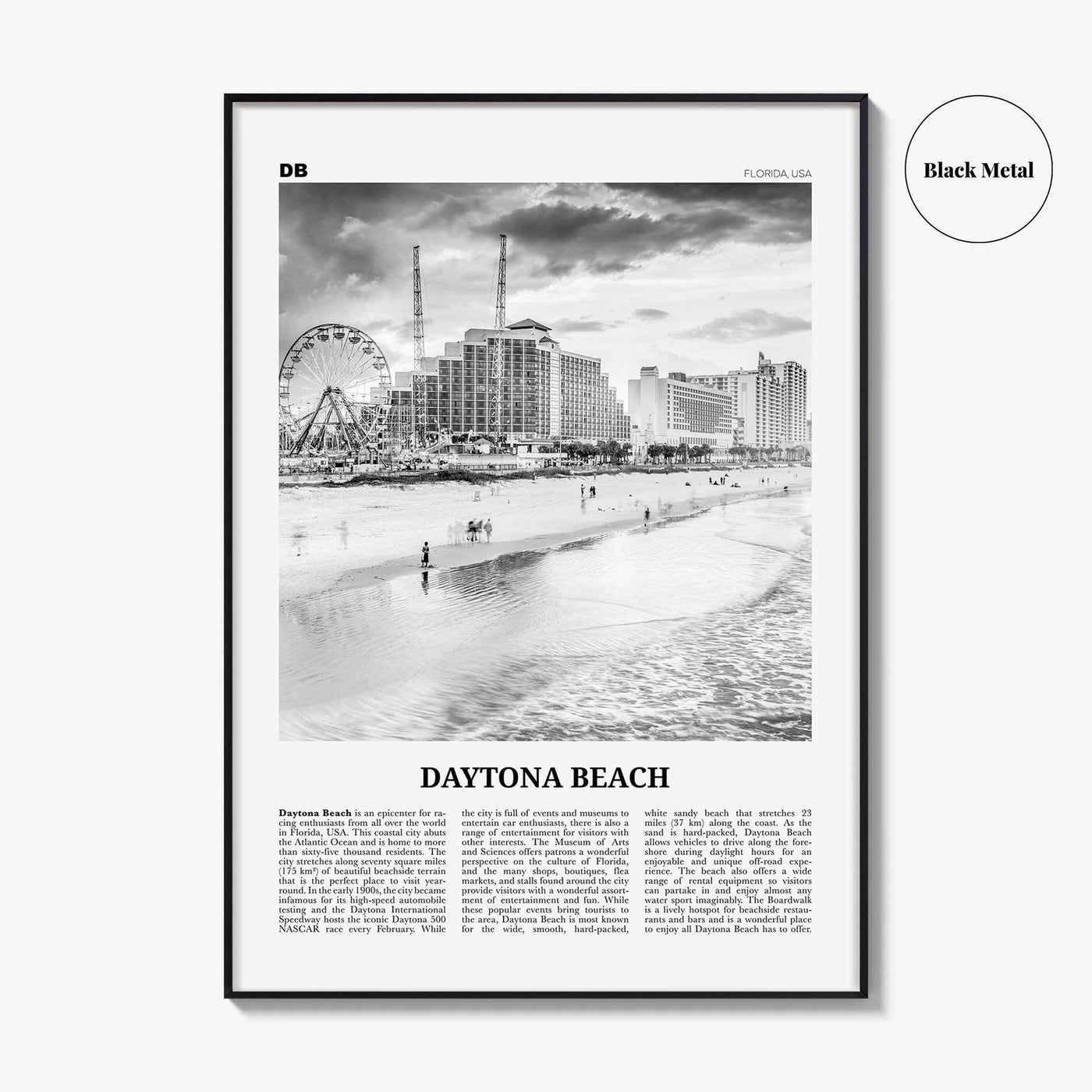 Daytona Beach Print Black and White, Daytona Beach Wall Art, Daytona Beach Poster, Daytona Beach Photo, Daytona Beach Map, Florida, USA