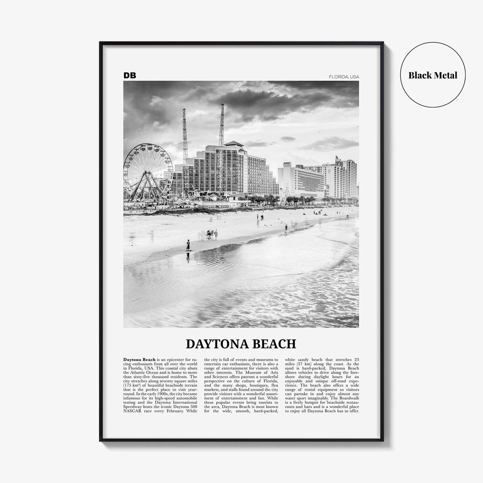 Daytona Beach Print Black and White, Daytona Beach Wall Art, Daytona Beach Poster, Daytona Beach Photo, Daytona Beach Map, Florida, USA
