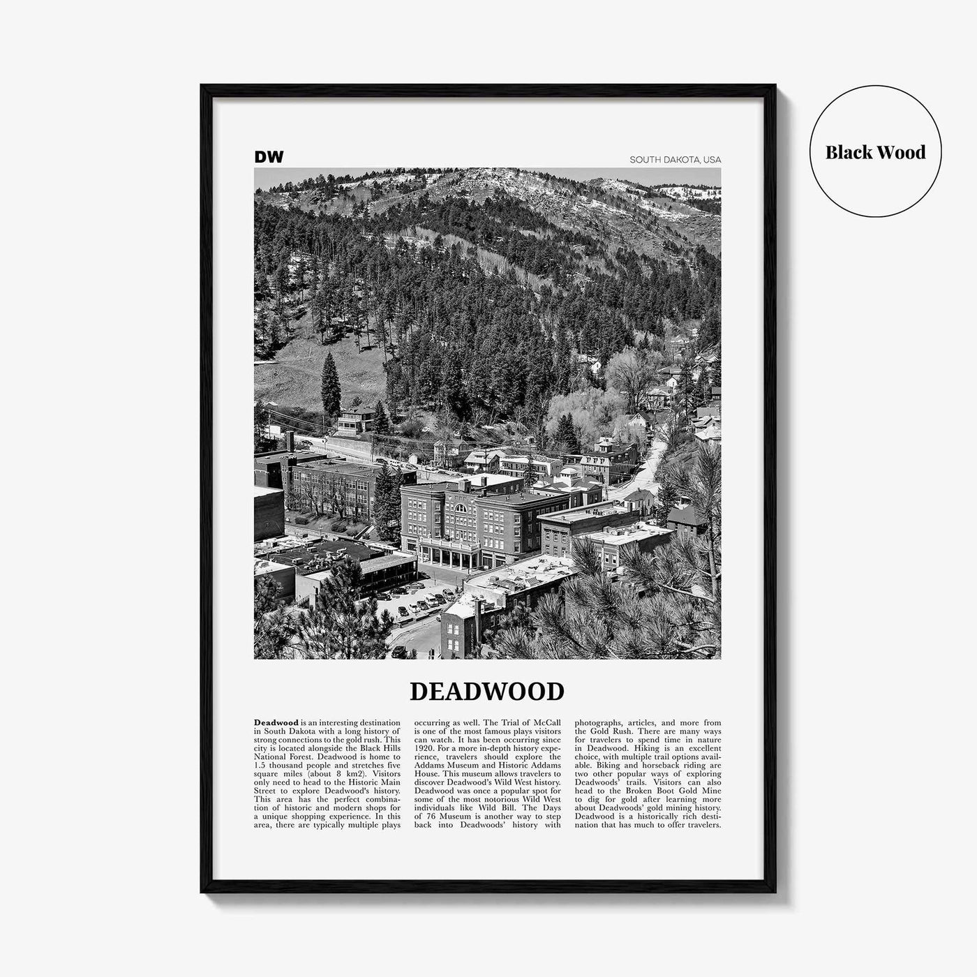 Deadwood Print Black and White, Deadwood Wall Art, Deadwood Poster, Deadwood Photo, Deadwood Wall Décor, Deadwood Map, South Dakota, USA