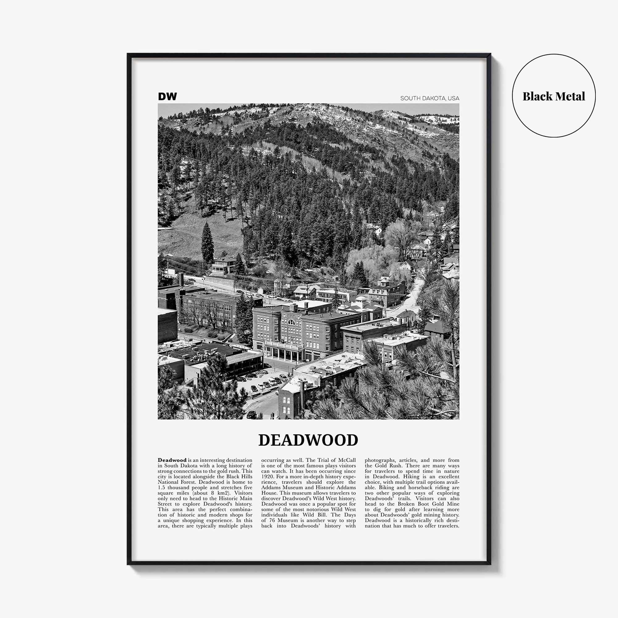 Deadwood Print Black and White, Deadwood Wall Art, Deadwood Poster, Deadwood Photo, Deadwood Wall Décor, Deadwood Map, South Dakota, USA
