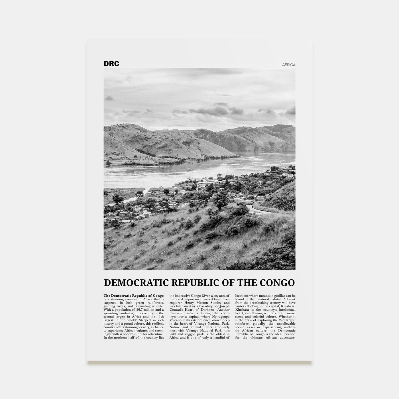 Democratic Republic of the Congo Travel B&W Poster