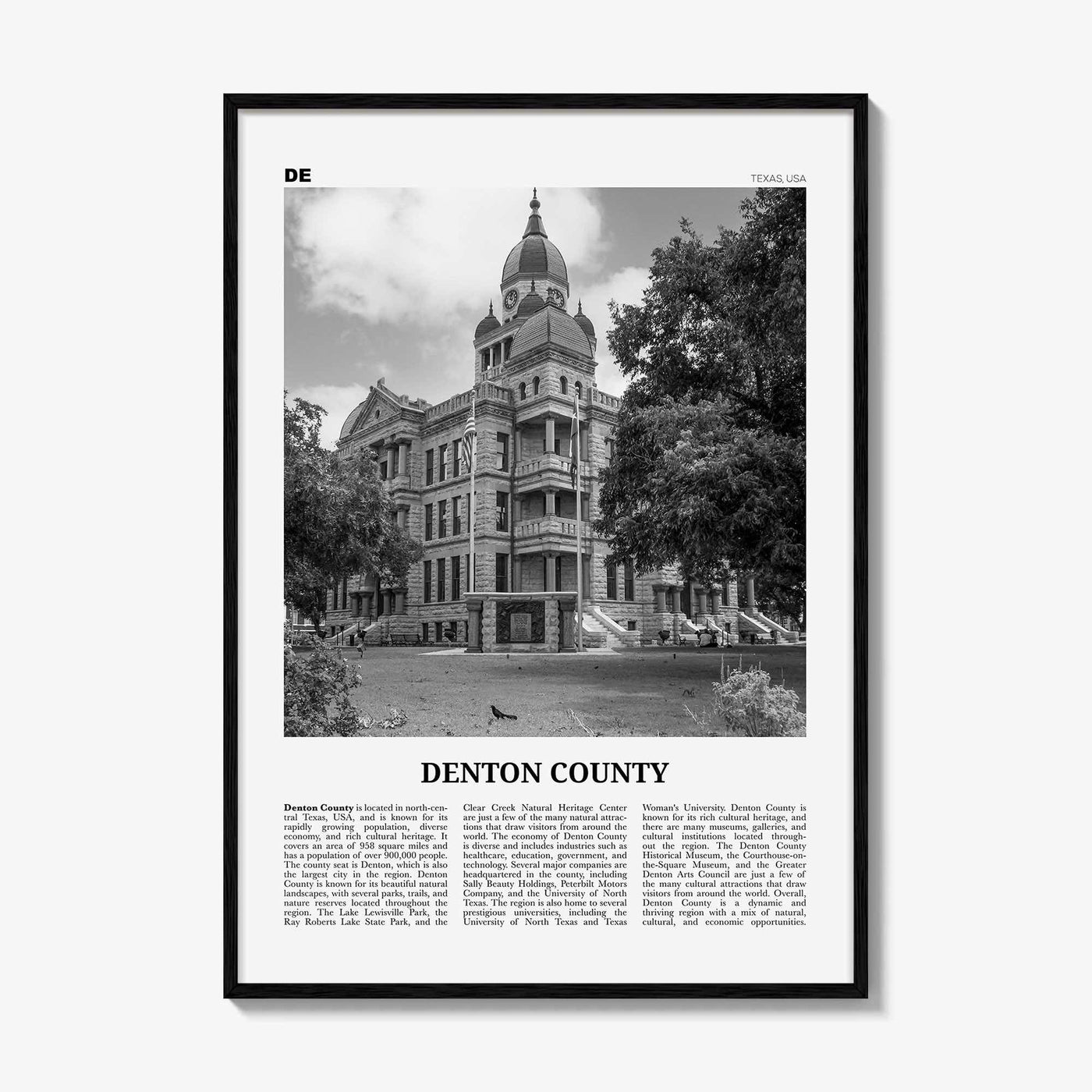 Denton County Print Black and White, Denton County Wall Art, Denton County Poster, Denton County Photo, Denton County Wall Décor, Denton Map