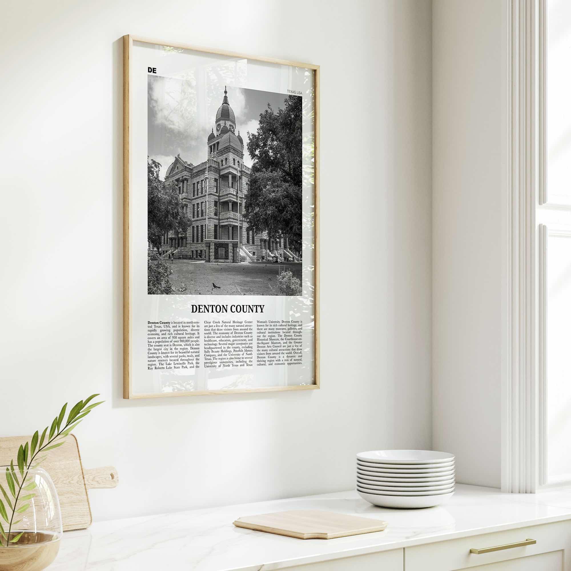 Denton County Print Black and White, Denton County Wall Art, Denton County Poster, Denton County Photo, Denton County Wall Décor, Denton Map