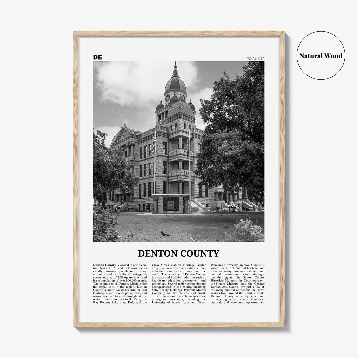 Denton County Print Black and White, Denton County Wall Art, Denton County Poster, Denton County Photo, Denton County Wall Décor, Denton Map