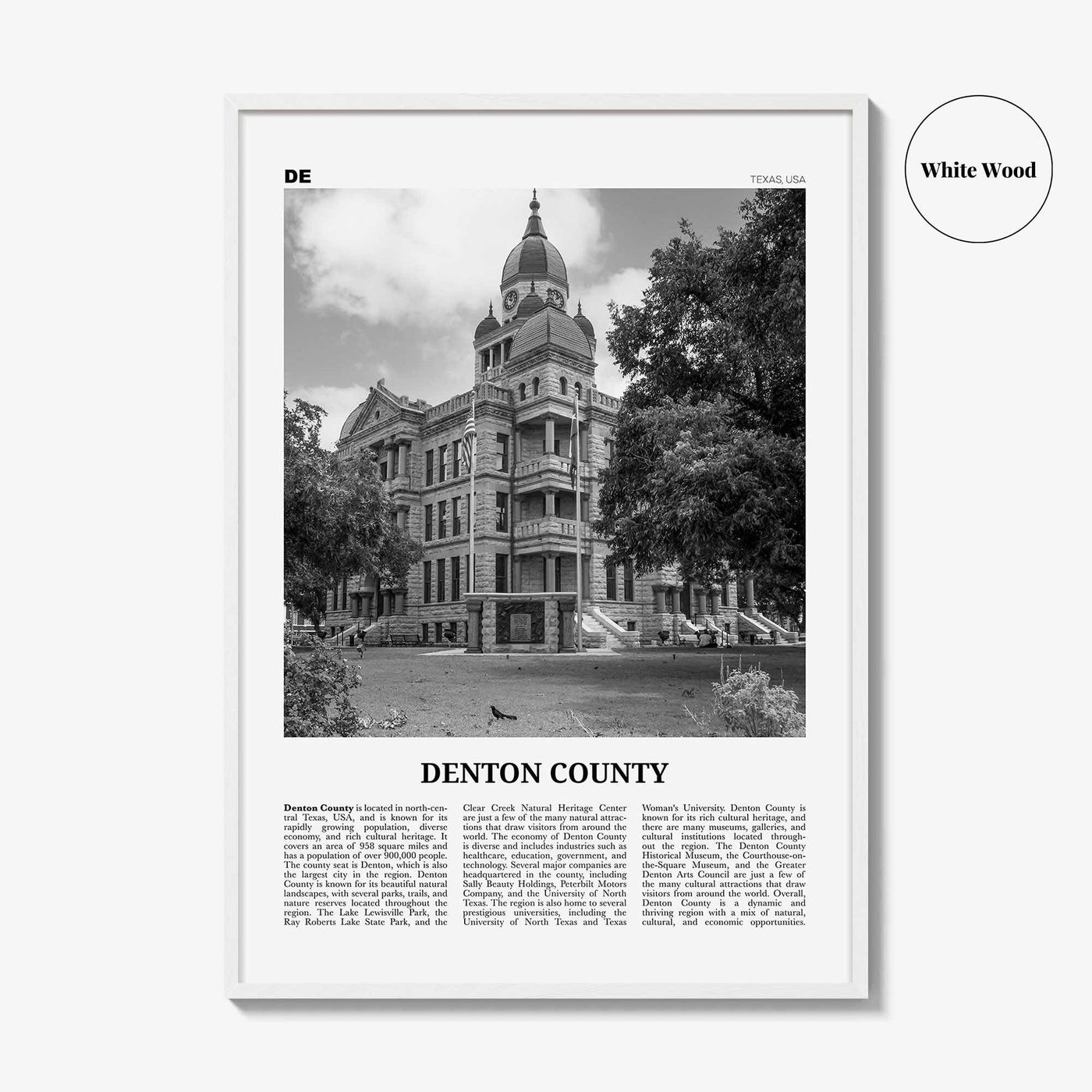 Denton County Print Black and White, Denton County Wall Art, Denton County Poster, Denton County Photo, Denton County Wall Décor, Denton Map