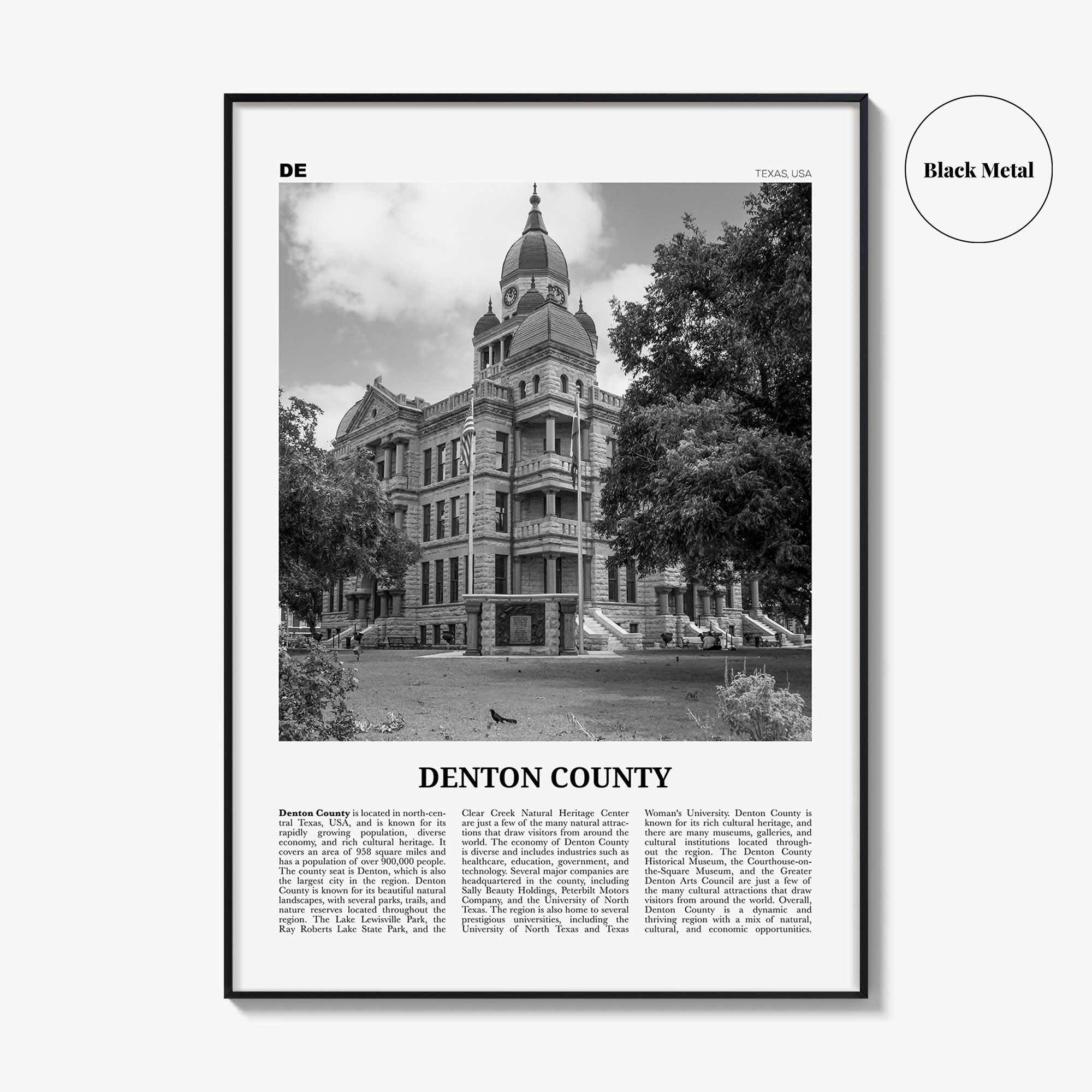 Denton County Print Black and White, Denton County Wall Art, Denton County Poster, Denton County Photo, Denton County Wall Décor, Denton Map