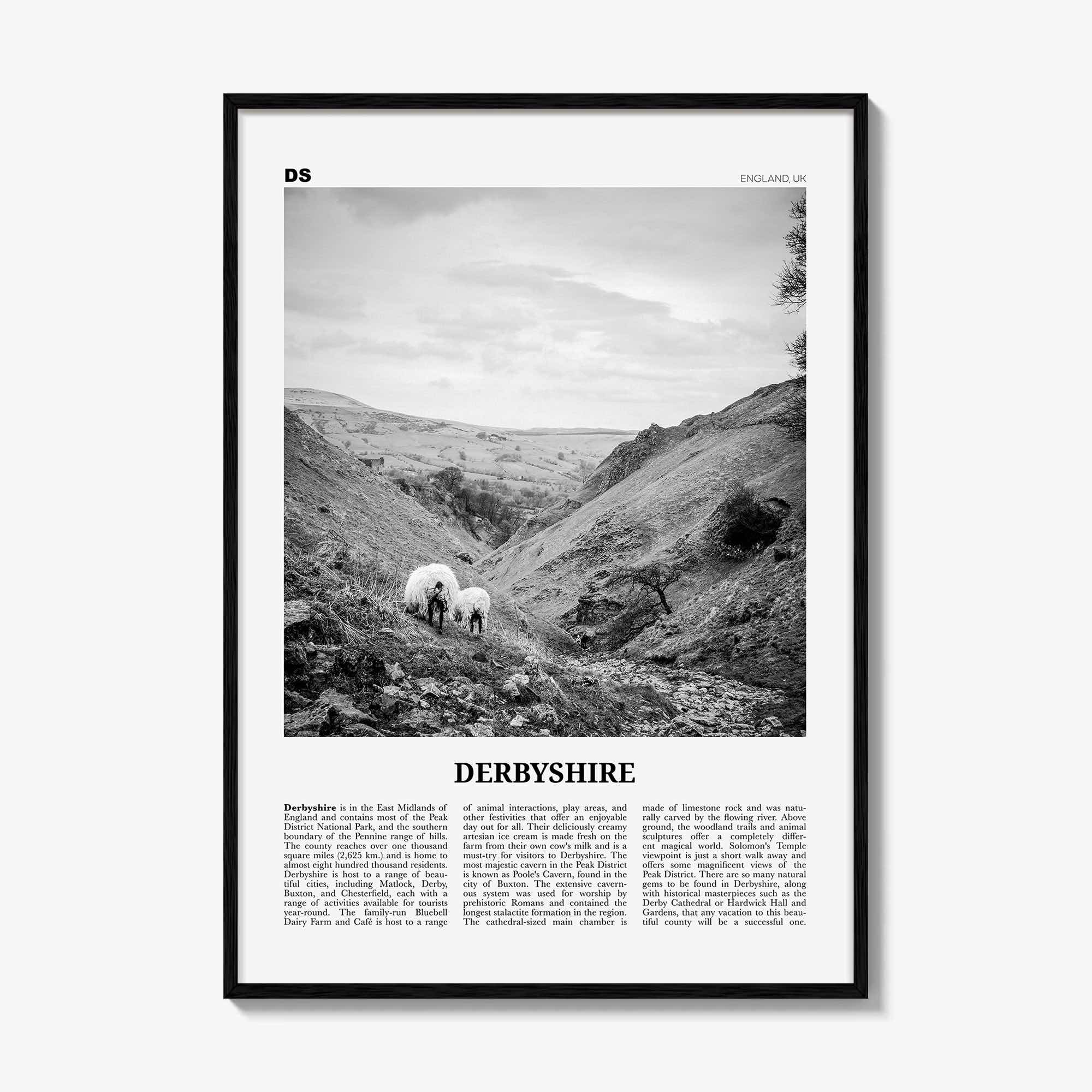 Derbyshire Print Black and White, Derbyshire Wall Art, Derbyshire Poster, Derbyshire Photo, Derbyshire Map, England, UK, United Kingdom
