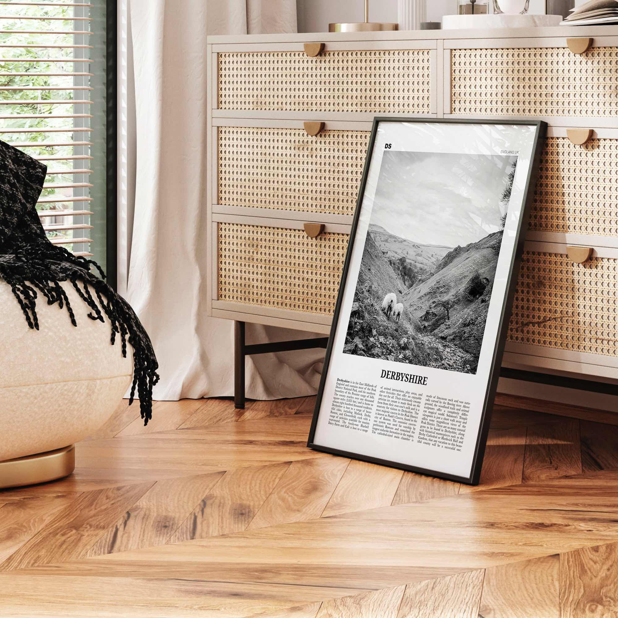 Derbyshire Print Black and White, Derbyshire Wall Art, Derbyshire Poster, Derbyshire Photo, Derbyshire Map, England, UK, United Kingdom