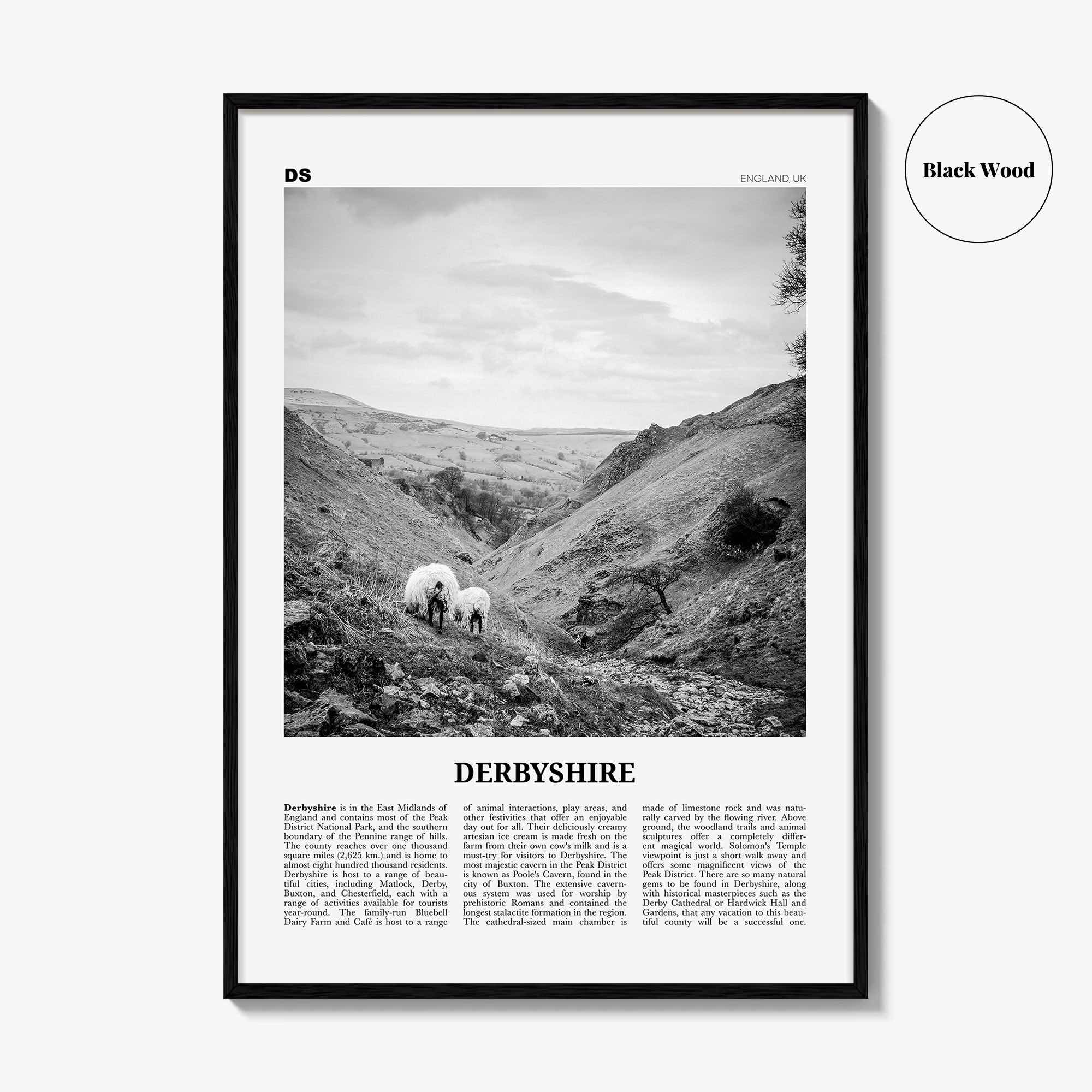 Derbyshire Print Black and White, Derbyshire Wall Art, Derbyshire Poster, Derbyshire Photo, Derbyshire Map, England, UK, United Kingdom