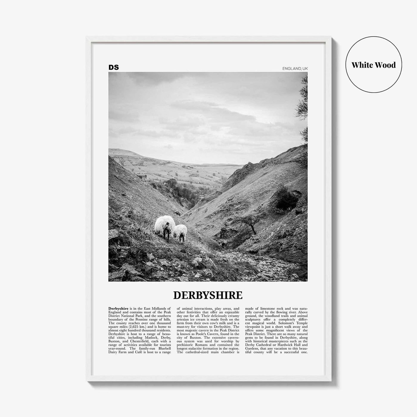 Derbyshire Print Black and White, Derbyshire Wall Art, Derbyshire Poster, Derbyshire Photo, Derbyshire Map, England, UK, United Kingdom
