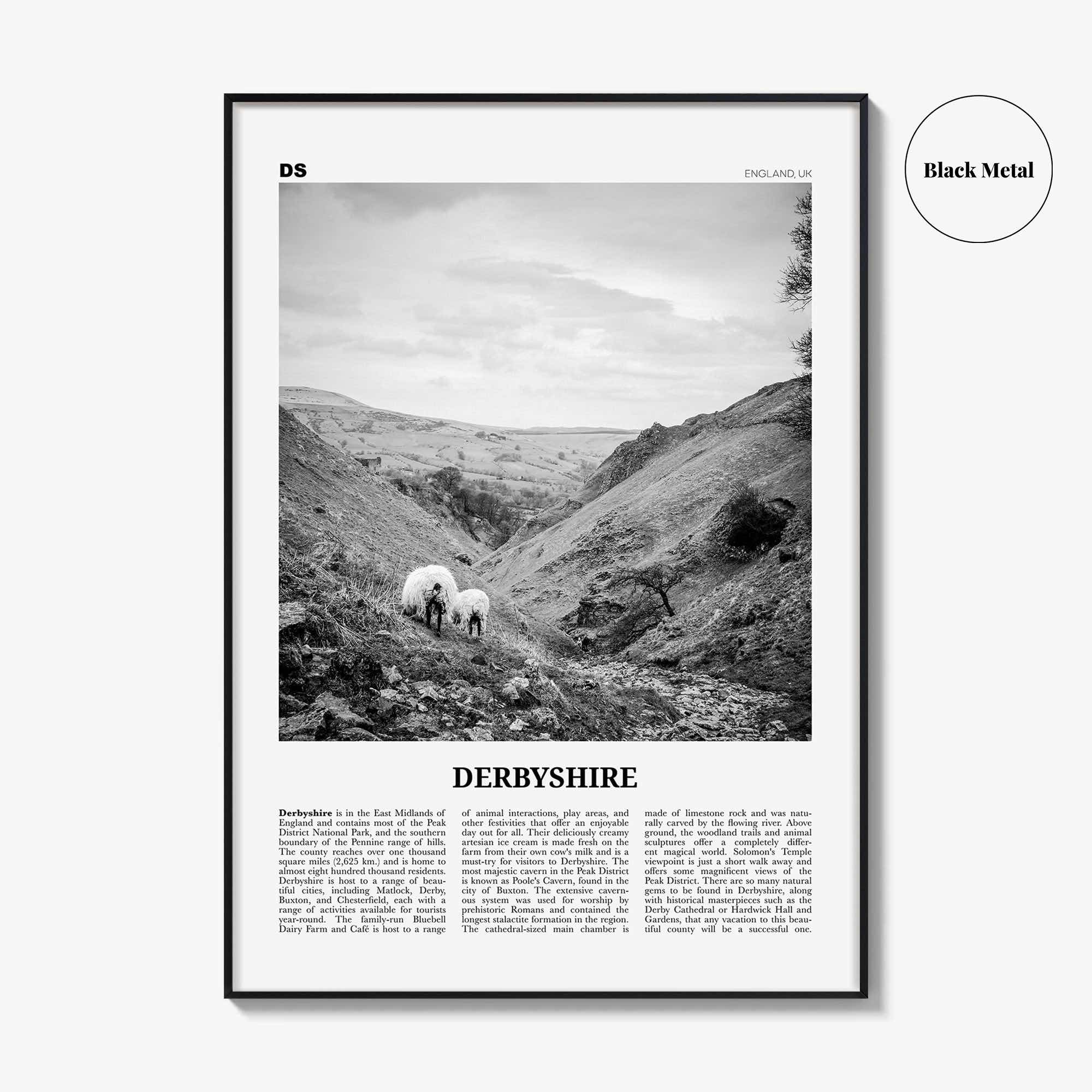 Derbyshire Print Black and White, Derbyshire Wall Art, Derbyshire Poster, Derbyshire Photo, Derbyshire Map, England, UK, United Kingdom