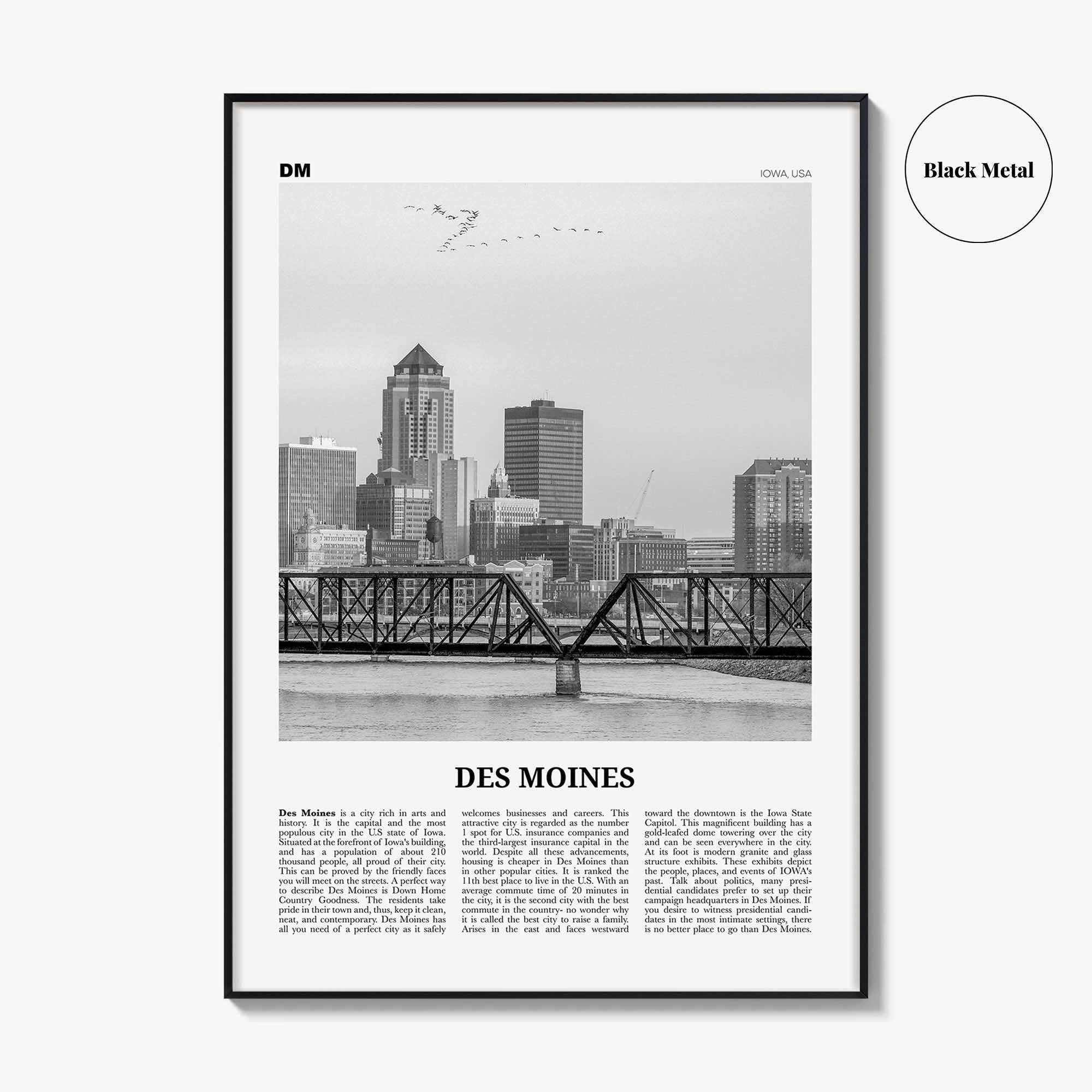 Des Moines Print Black and White No 1, Des Moines Wall Art, Des Moines Poster, Des Moines Photo, Iowa, USA, United States, North America