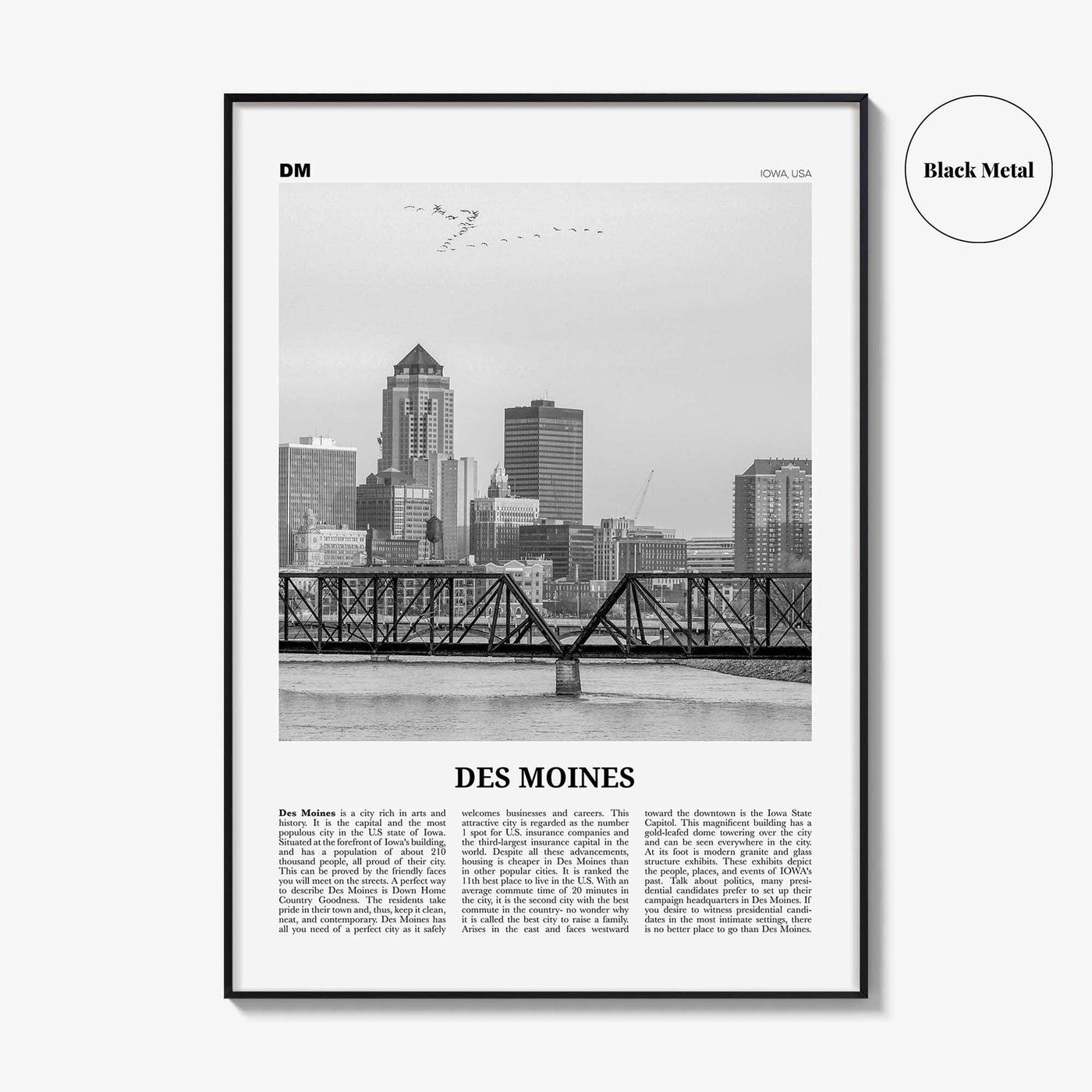 Des Moines Print Black and White No 1, Des Moines Wall Art, Des Moines Poster, Des Moines Photo, Iowa, USA, United States, North America
