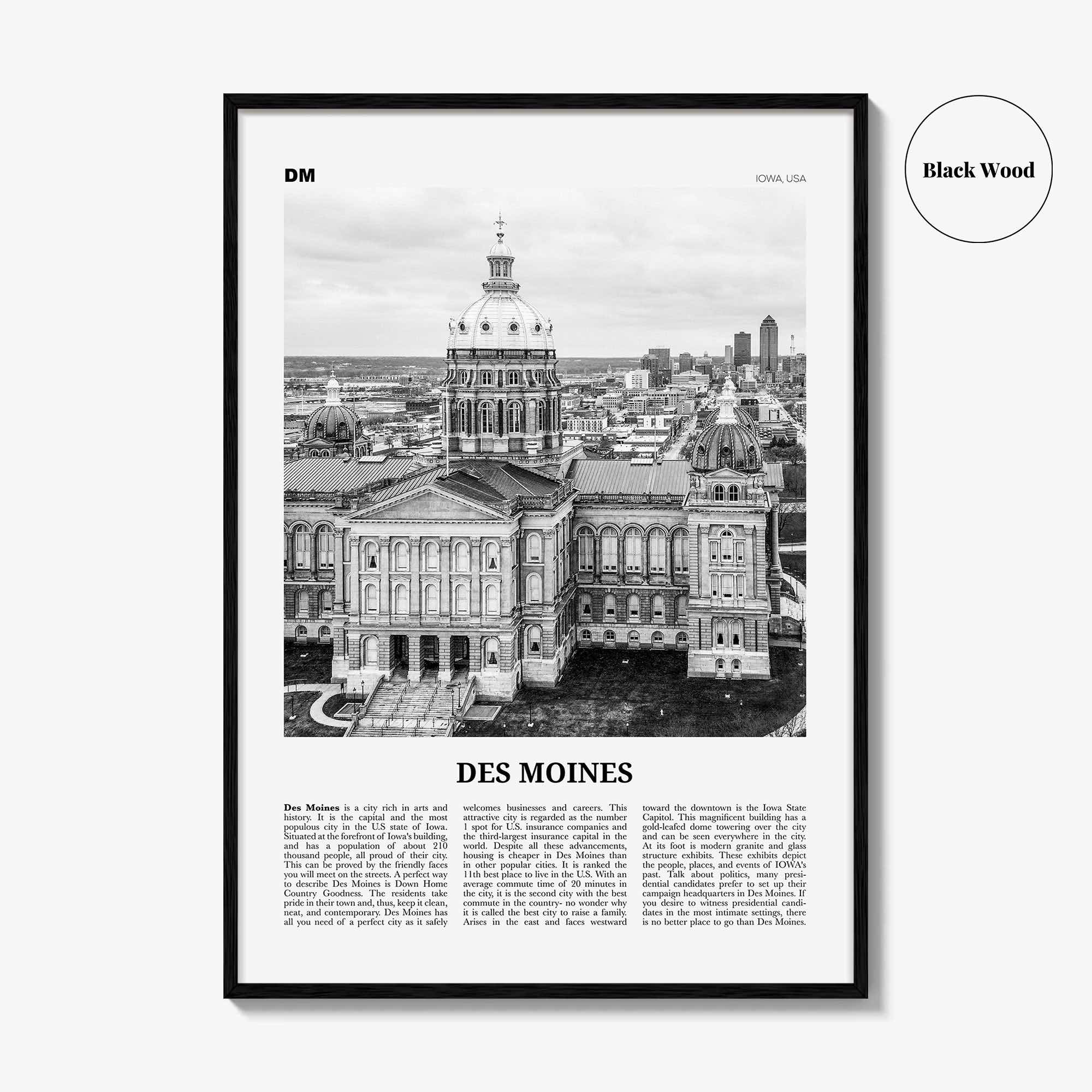 Des Moines Print Black and White No 2, Des Moines Wall Art, Des Moines Poster, Des Moines Photo, Iowa, USA, United States, North America