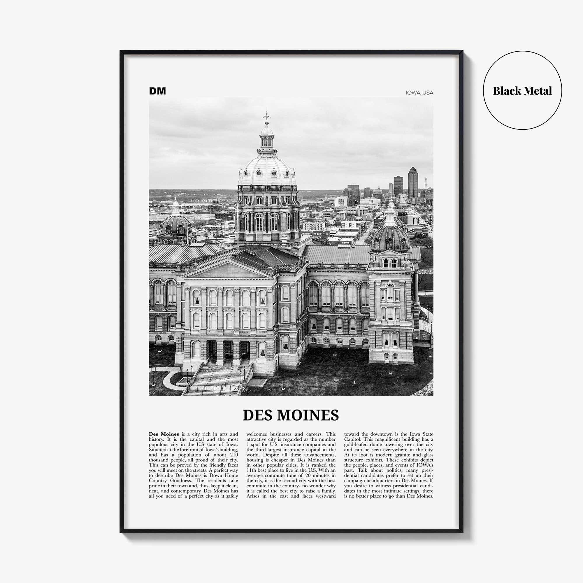 Des Moines Print Black and White No 2, Des Moines Wall Art, Des Moines Poster, Des Moines Photo, Iowa, USA, United States, North America