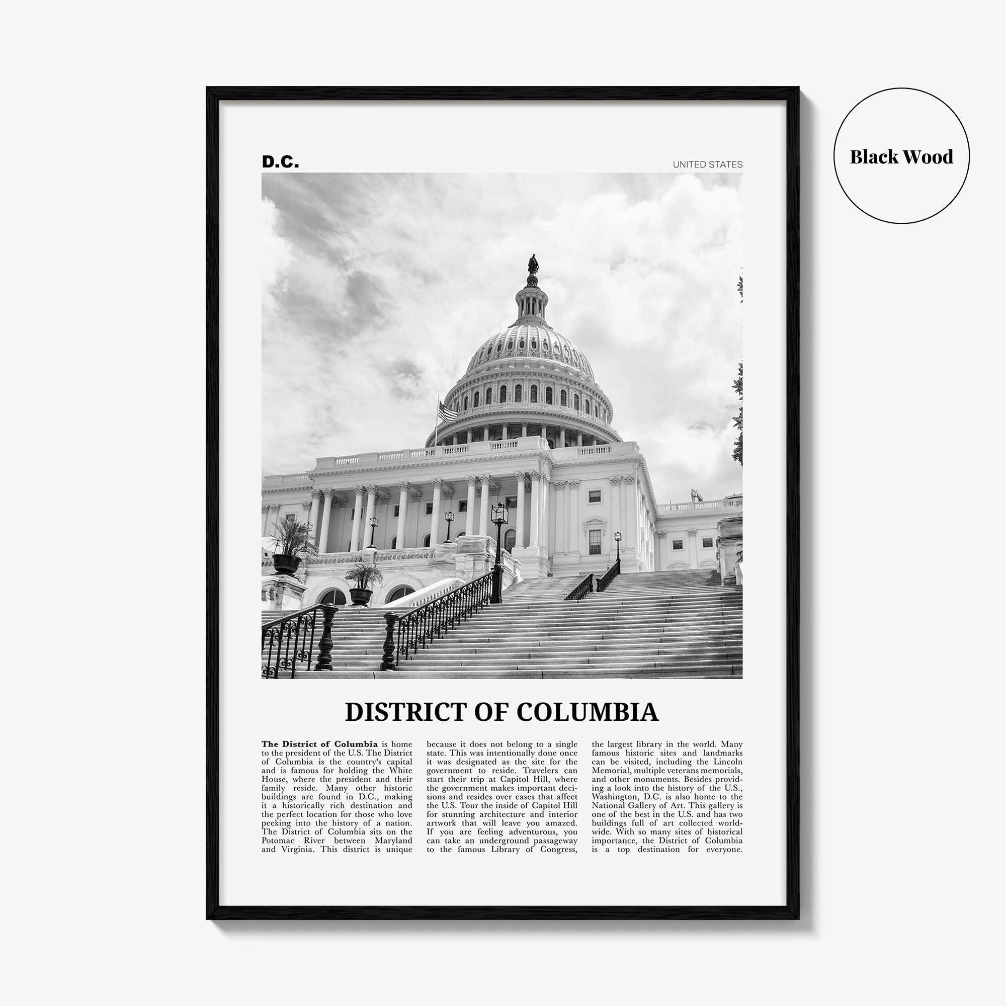 District of Columbia Print Black and White, District of Columbia  Wall Art, District of Columbia Poster,  District of Columbia Photo, DC