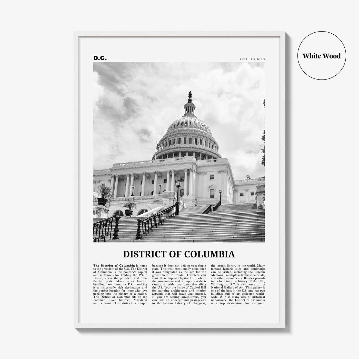 District of Columbia Print Black and White, District of Columbia  Wall Art, District of Columbia Poster,  District of Columbia Photo, DC