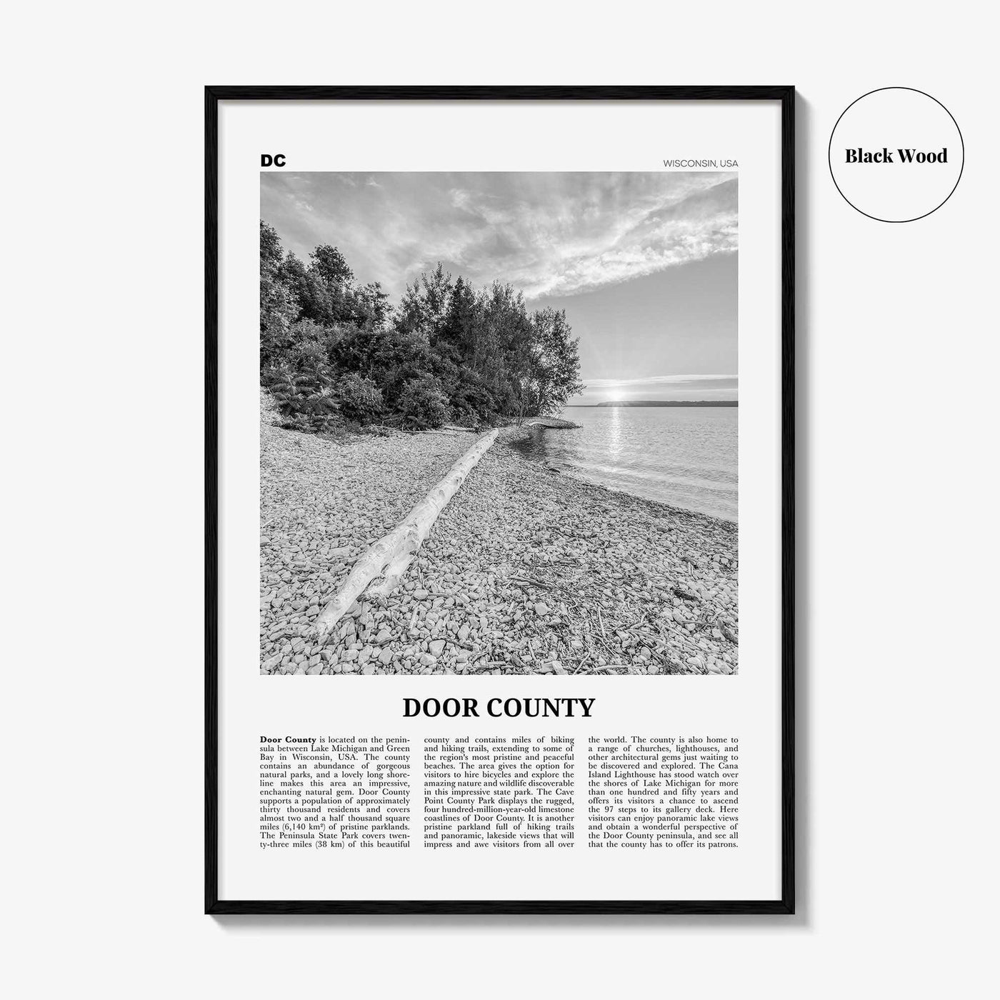 Door County Print Black and White, Door County Wall Art, Door County Poster, Door County Photo, Door County Map, Wisconsin, USA