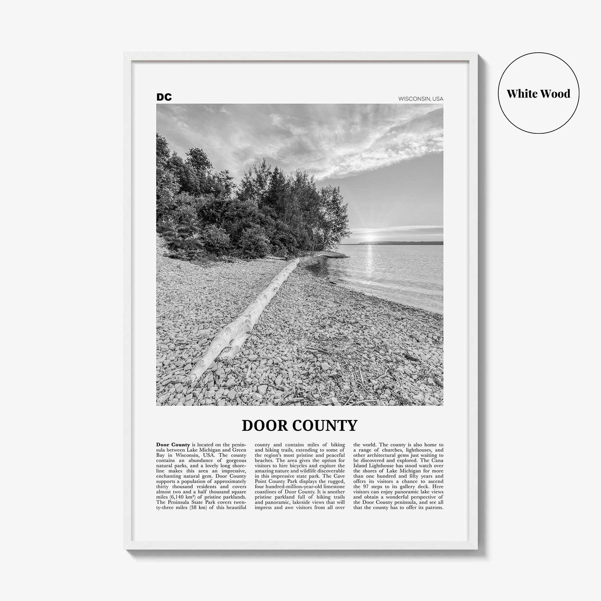 Door County Print Black and White, Door County Wall Art, Door County Poster, Door County Photo, Door County Map, Wisconsin, USA