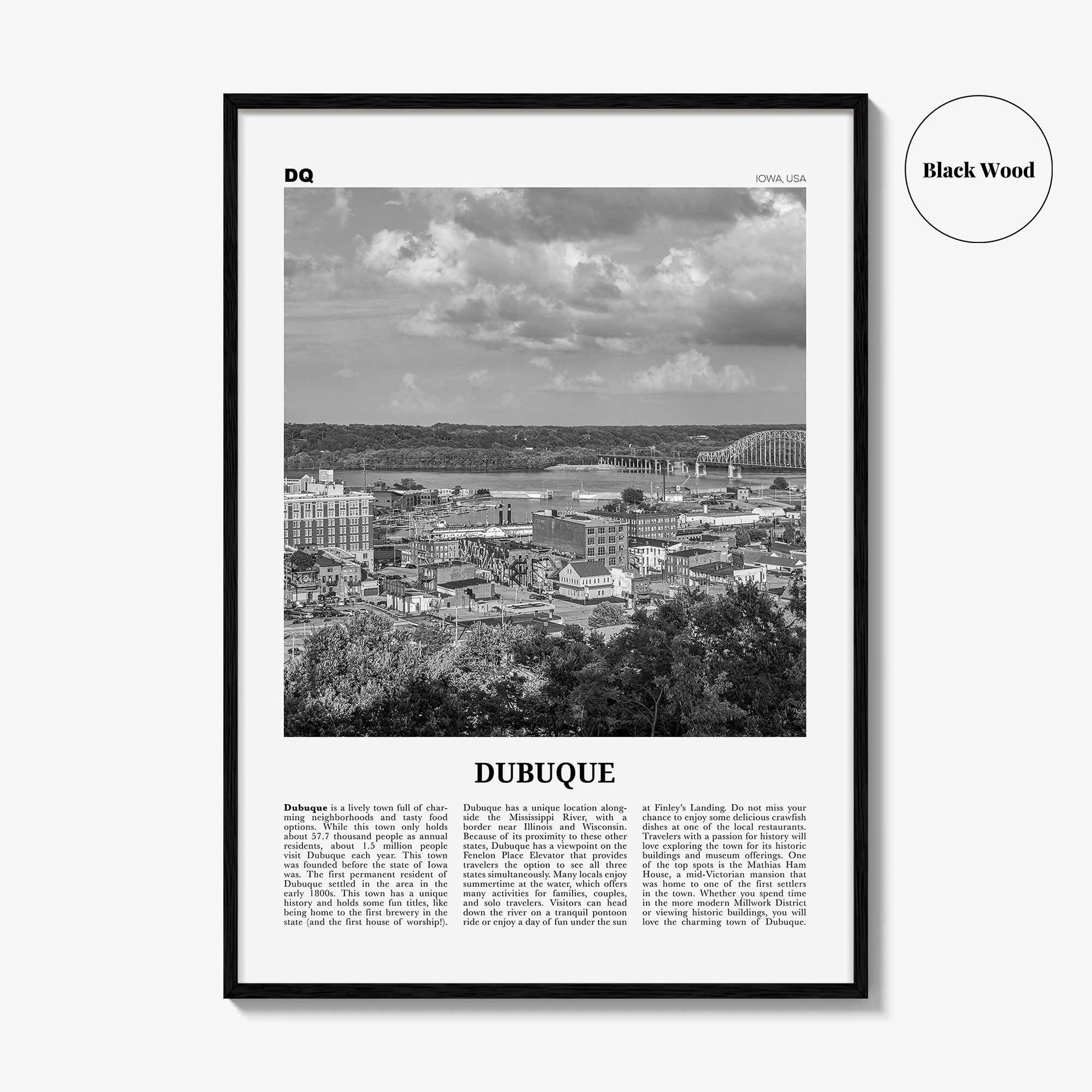 Dubuque Print Black and White, Dubuque Wall Art, Dubuque Poster, Dubuque Photo, Dubuque Wall Décor, Dubuque Map, Iowa, USA