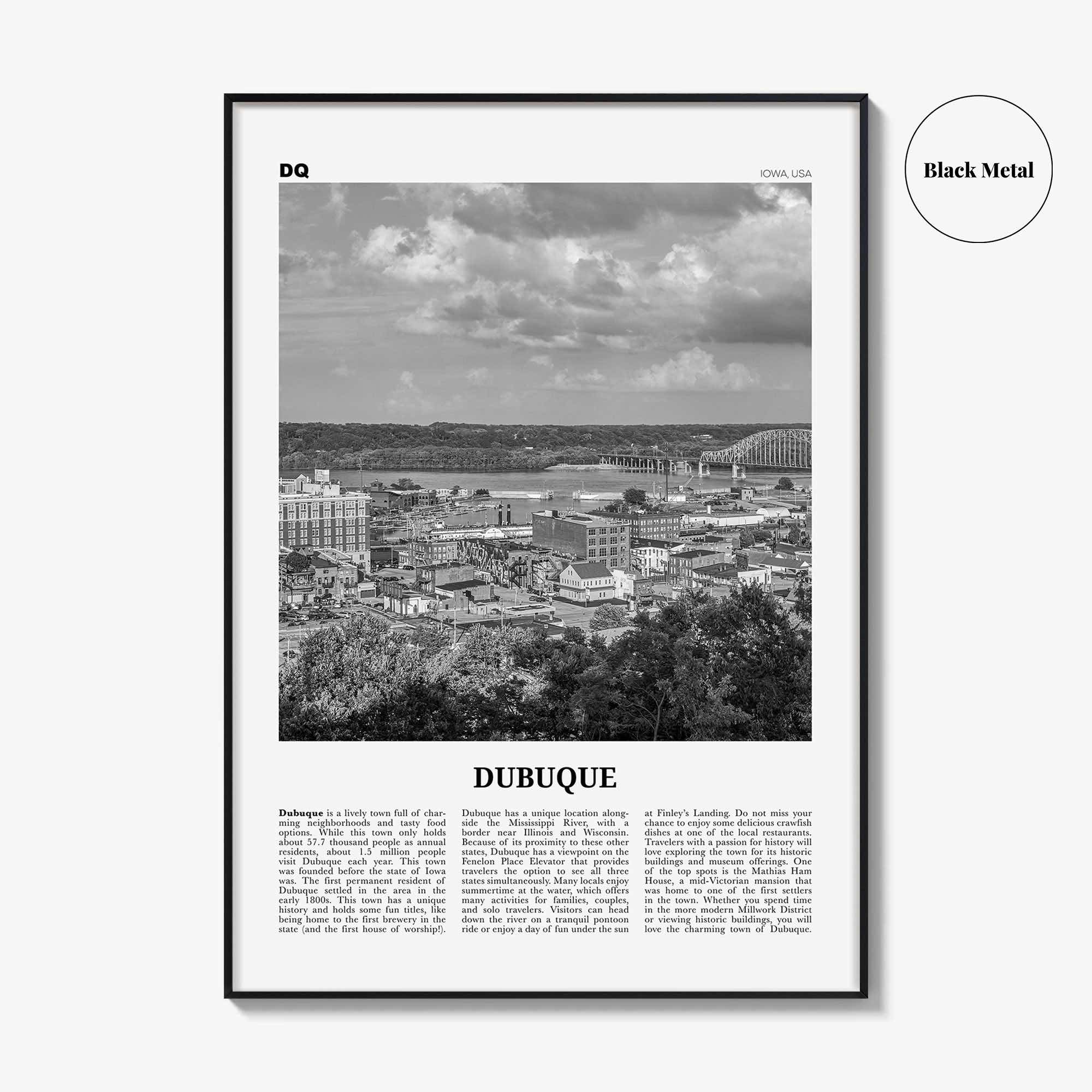 Dubuque Print Black and White, Dubuque Wall Art, Dubuque Poster, Dubuque Photo, Dubuque Wall Décor, Dubuque Map, Iowa, USA