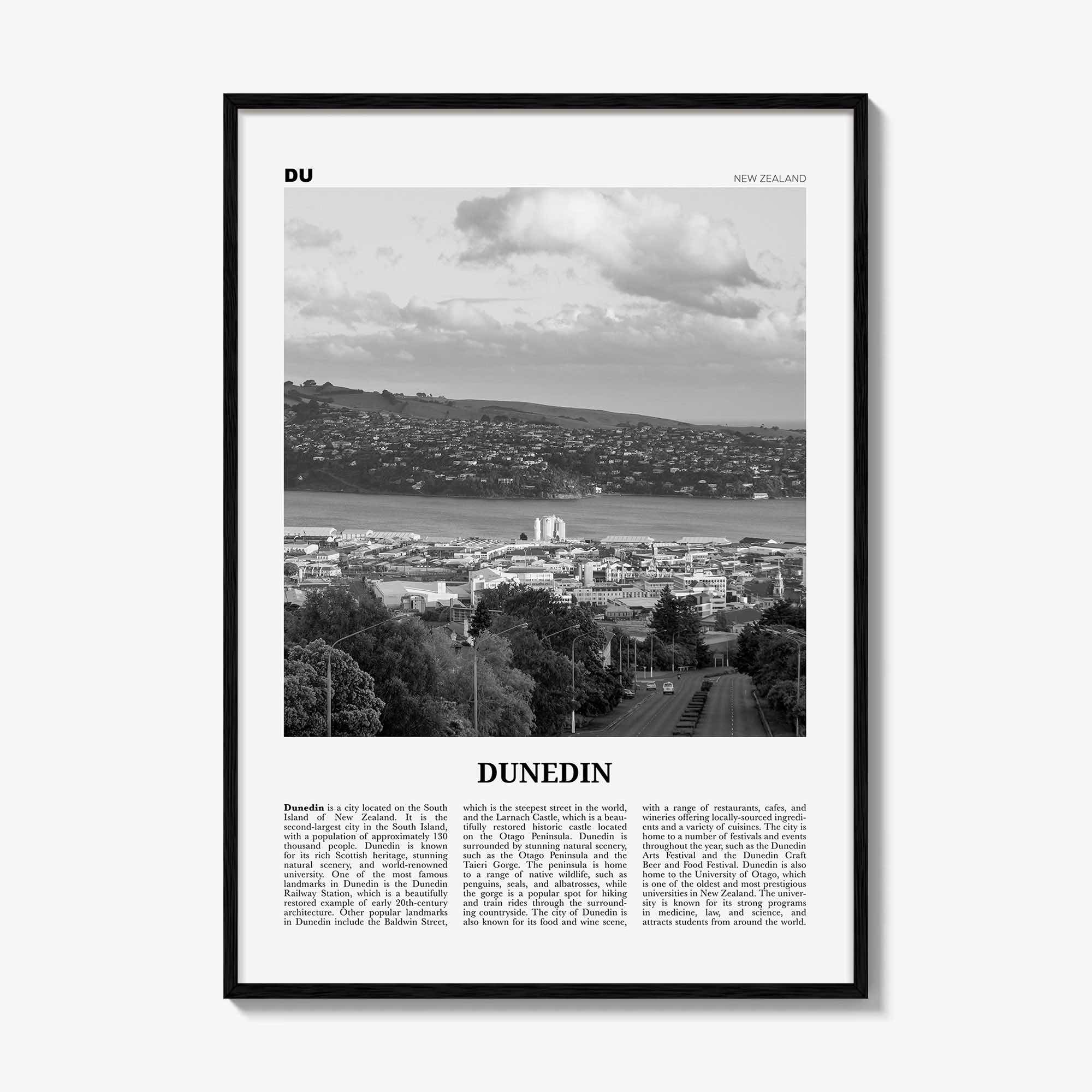 Dunedin Print Black and White, Dunedin Wall Art, Dunedin Poster, Dunedin Photo, Dunedin Wall Décor, Dunedin Map, New Zealand