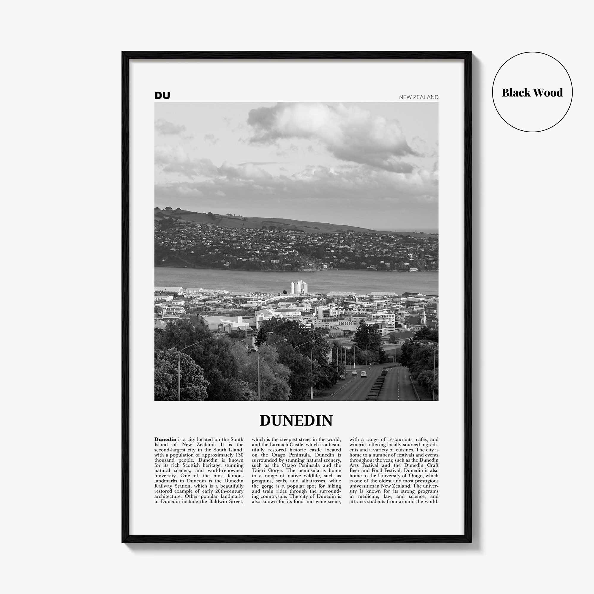 Dunedin Print Black and White, Dunedin Wall Art, Dunedin Poster, Dunedin Photo, Dunedin Wall Décor, Dunedin Map, New Zealand