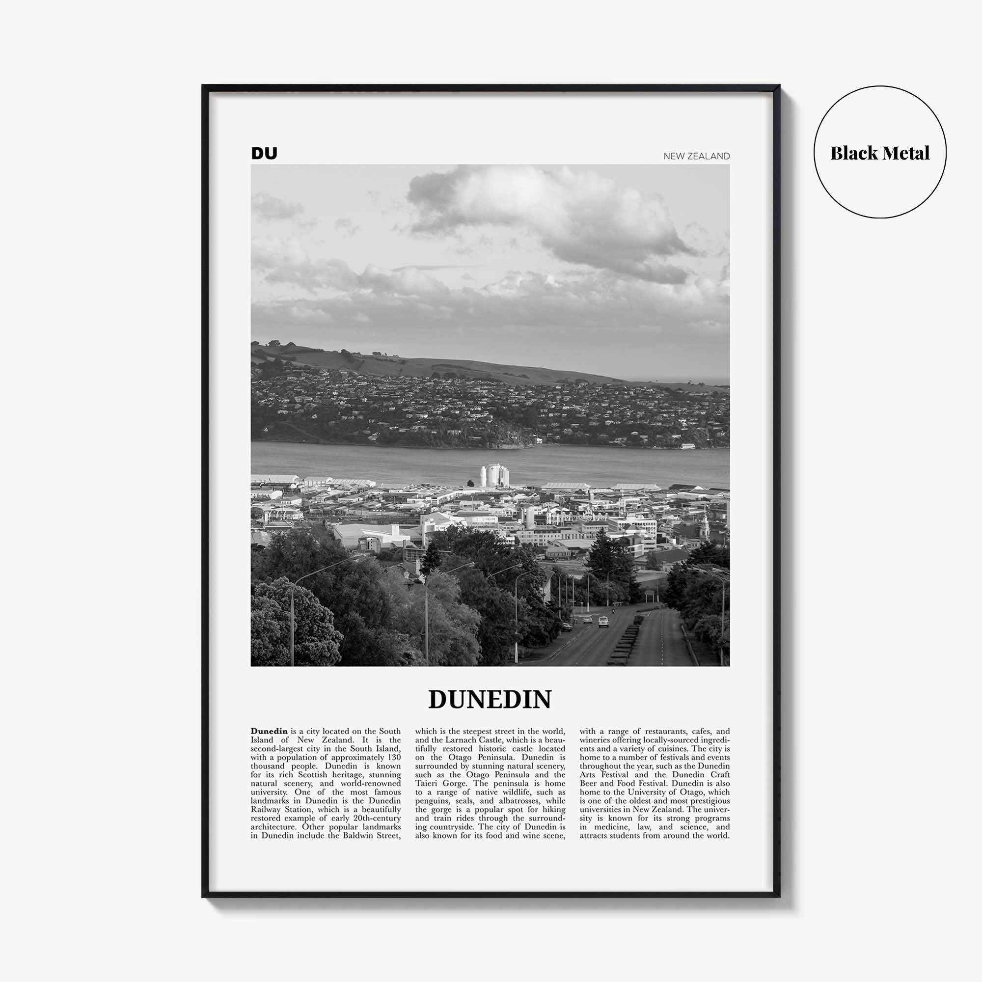 Dunedin Print Black and White, Dunedin Wall Art, Dunedin Poster, Dunedin Photo, Dunedin Wall Décor, Dunedin Map, New Zealand