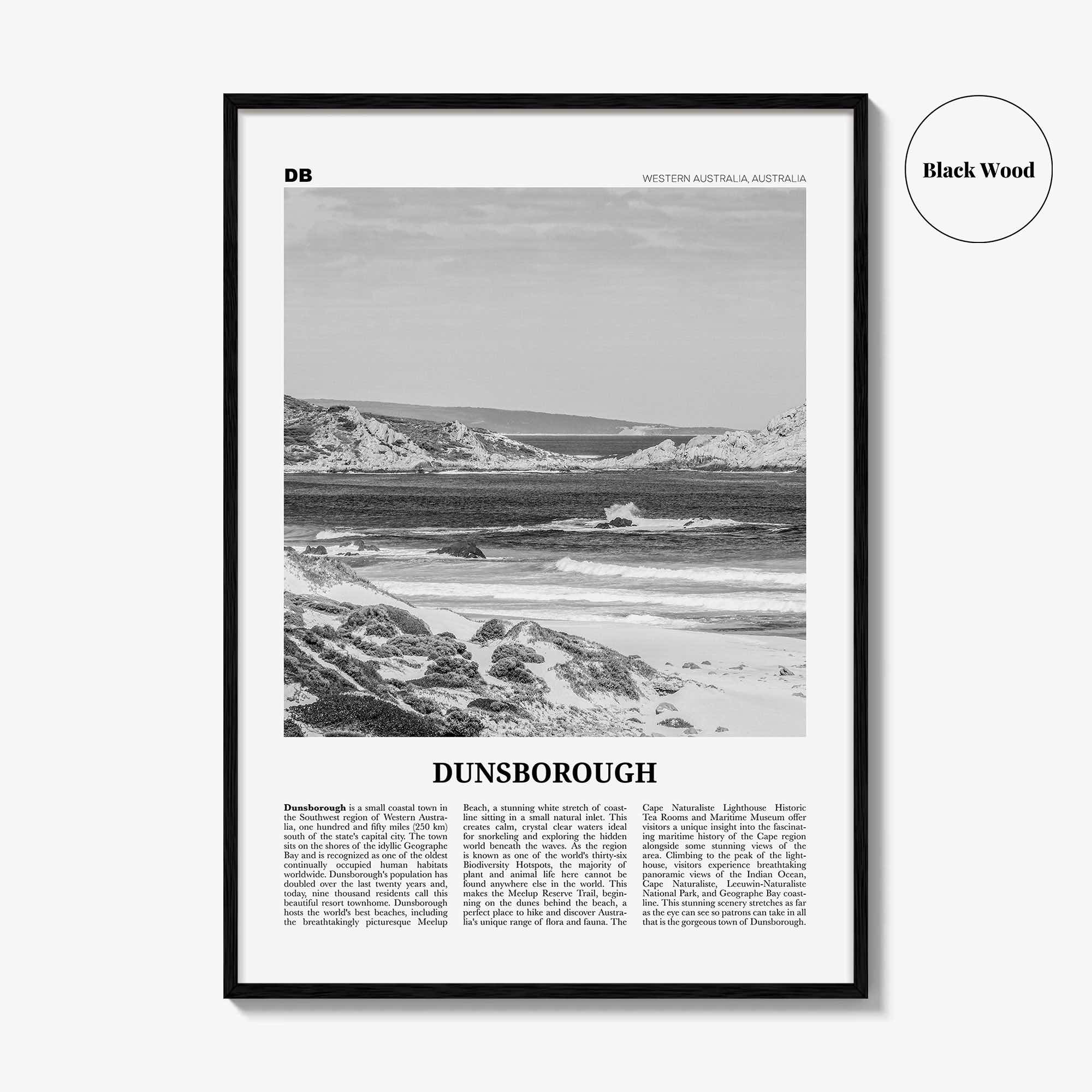 Dunsborough Print Black and White, Dunsborough Wall Art, Dunsborough Poster, Dunsborough Photo, Dunsborough Map, Western Australia