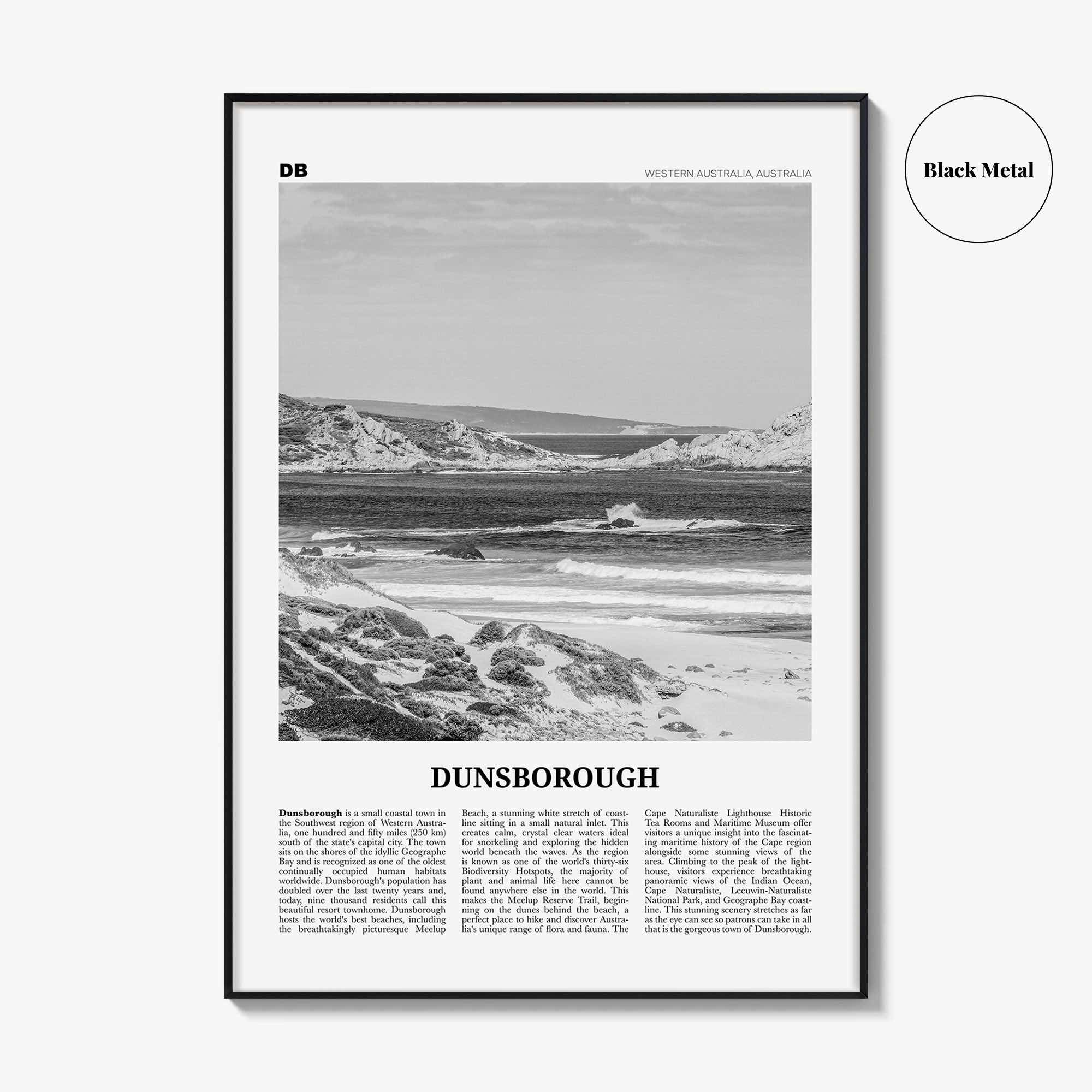 Dunsborough Print Black and White, Dunsborough Wall Art, Dunsborough Poster, Dunsborough Photo, Dunsborough Map, Western Australia