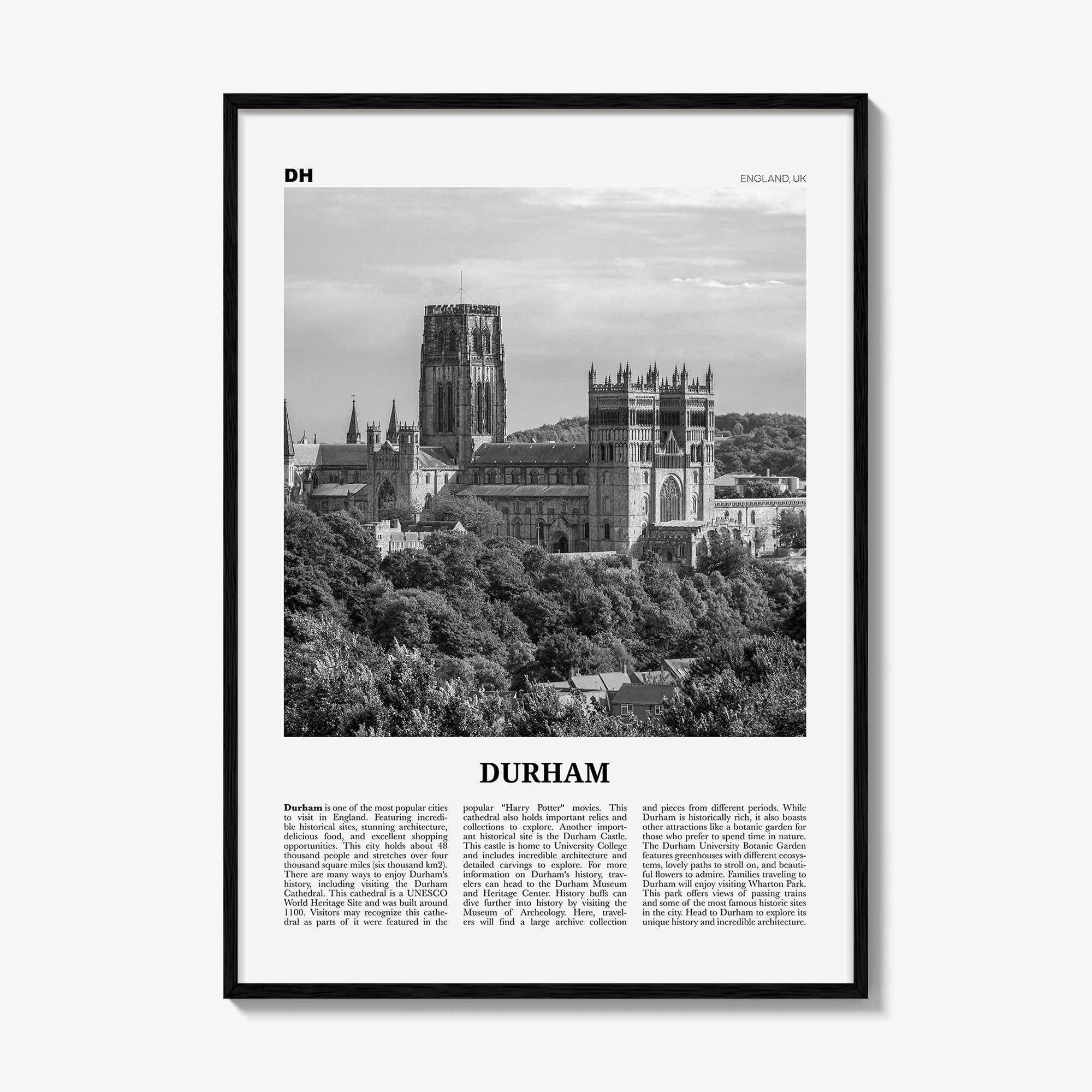 Durham Print Black and White England, Durham Wall Art, Durham Poster, Durham Photo, Durham Wall Décor, Durham Map, UK