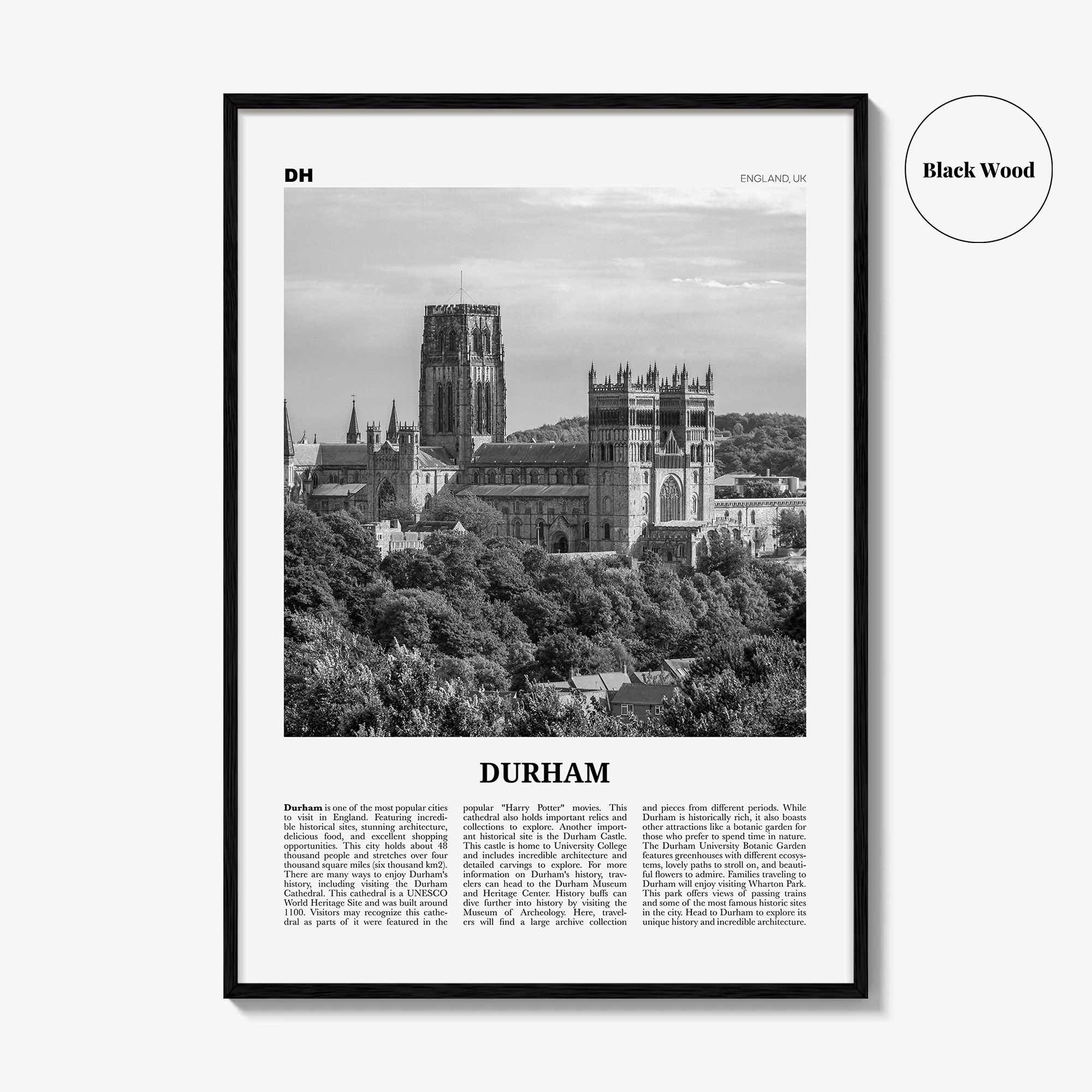 Durham Print Black and White England, Durham Wall Art, Durham Poster, Durham Photo, Durham Wall Décor, Durham Map, UK