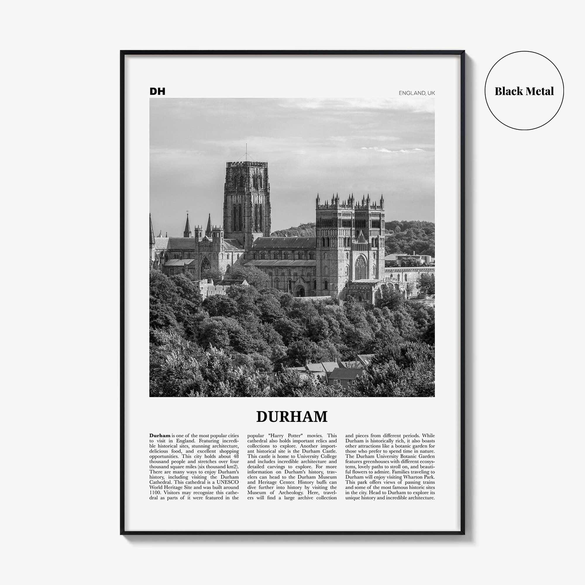 Durham Print Black and White England, Durham Wall Art, Durham Poster, Durham Photo, Durham Wall Décor, Durham Map, UK
