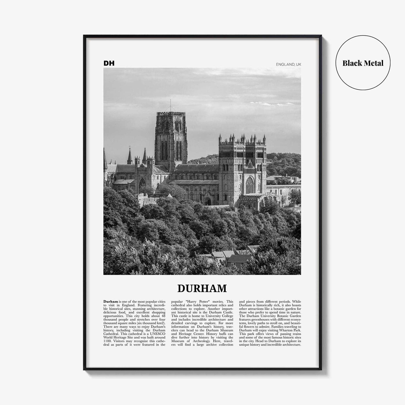 Durham Print Black and White England, Durham Wall Art, Durham Poster, Durham Photo, Durham Wall Décor, Durham Map, UK